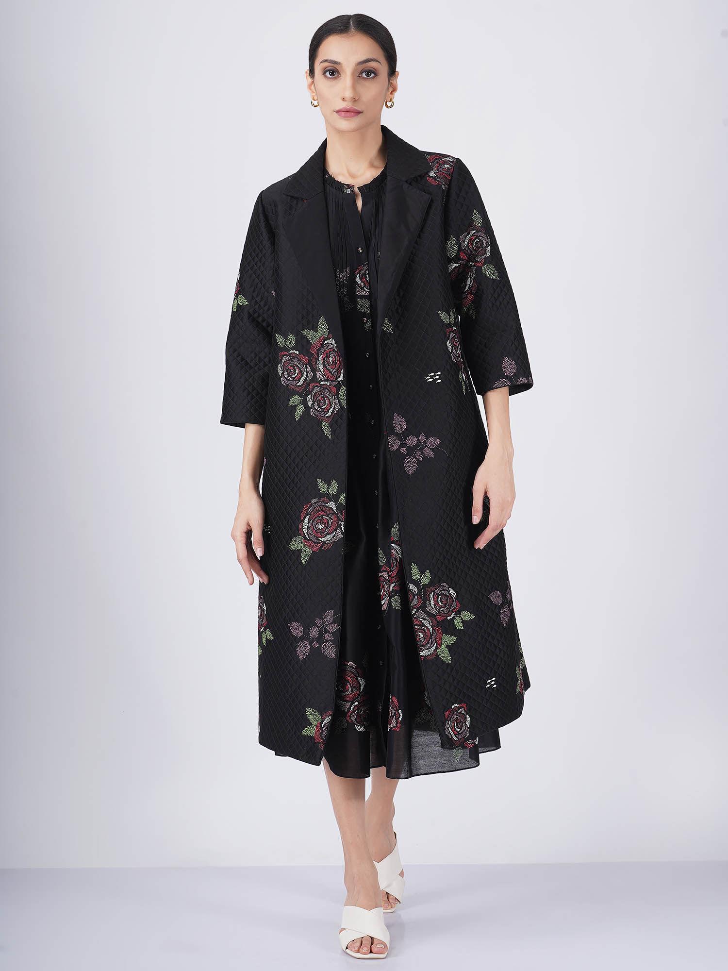 multi rose black dress with jacket (set of 2)