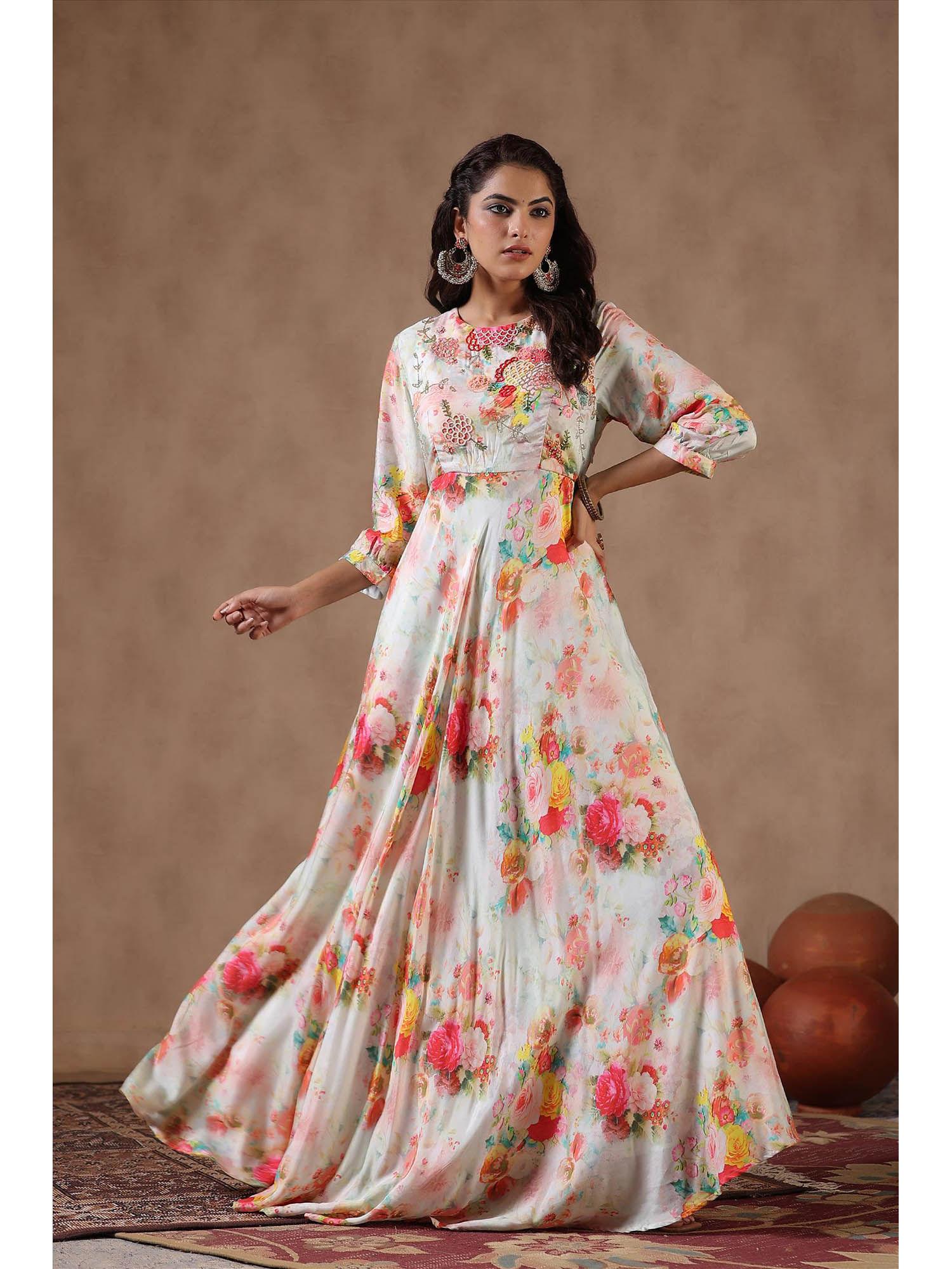 multi satin floral print embellished empire gown
