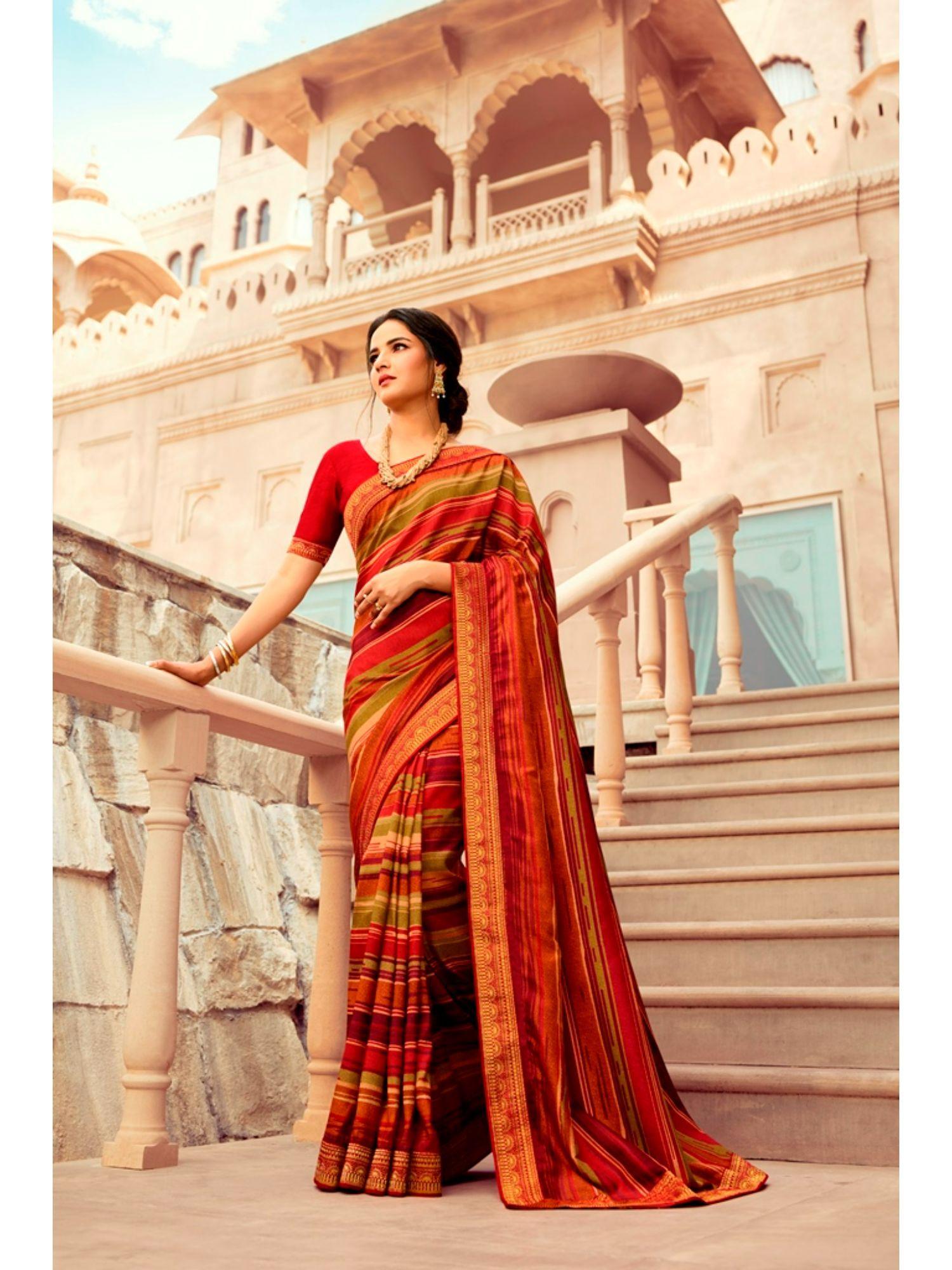 multi soft moss silk printed saree & mono banglory with unstitched blouse