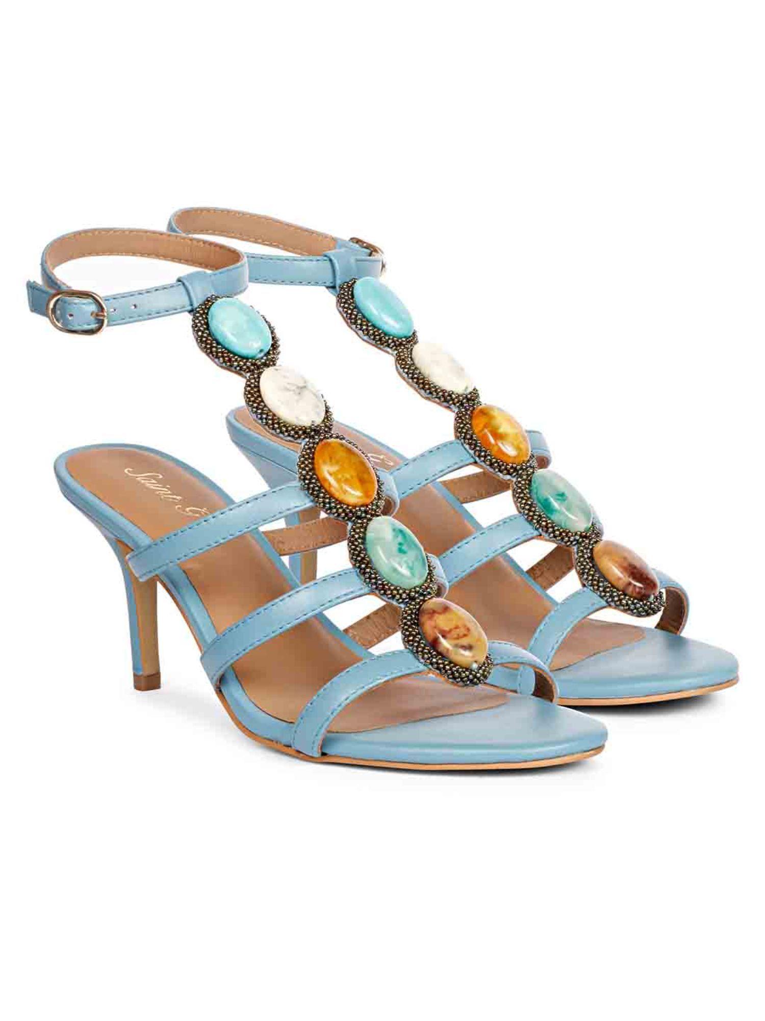 multi stone embellished blue leather stilettos