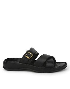 multi-strap slides with genuine leather upper