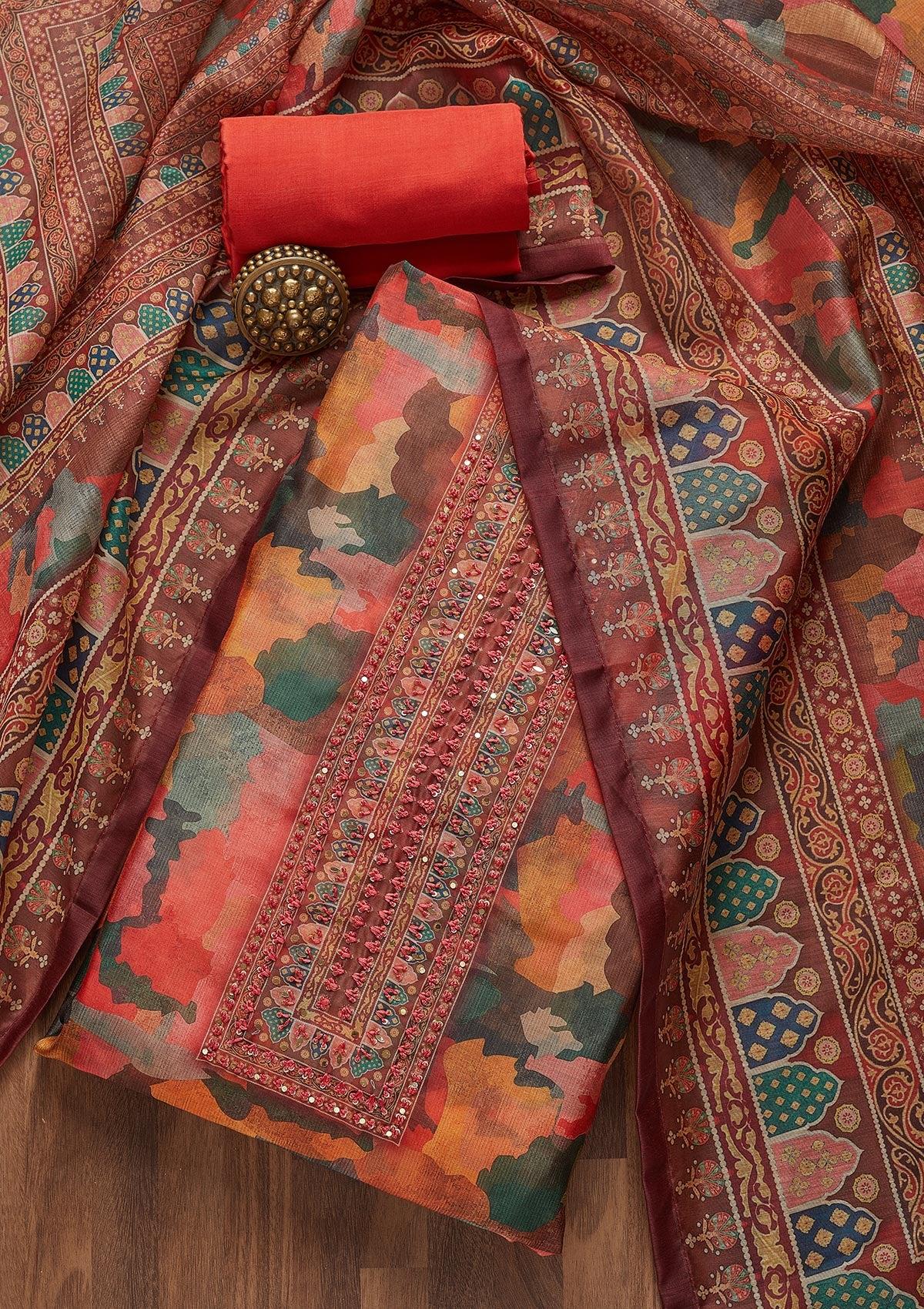 multi threadwork chanderi semi stitched salwar suit