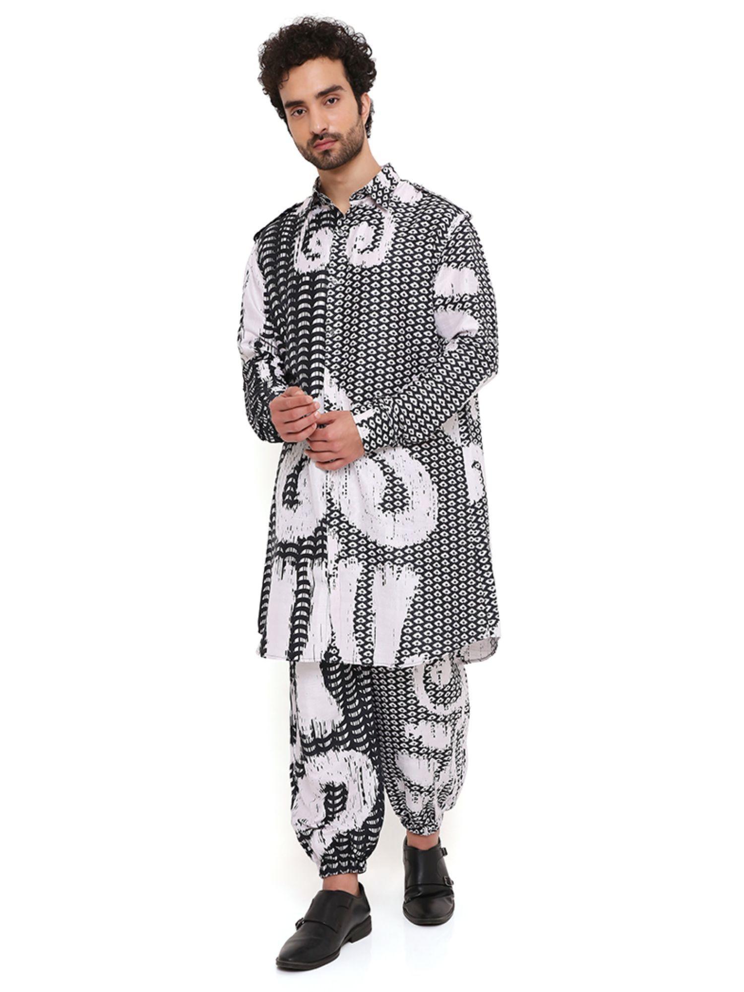 multi uzbec print dupion silk pathani kurta with salwar pant (set of 2)