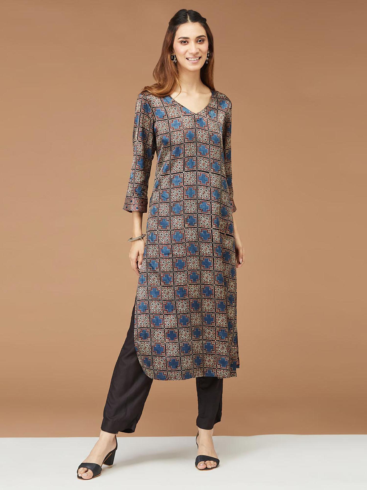 multi viscose blend ajrakh printed long kurta