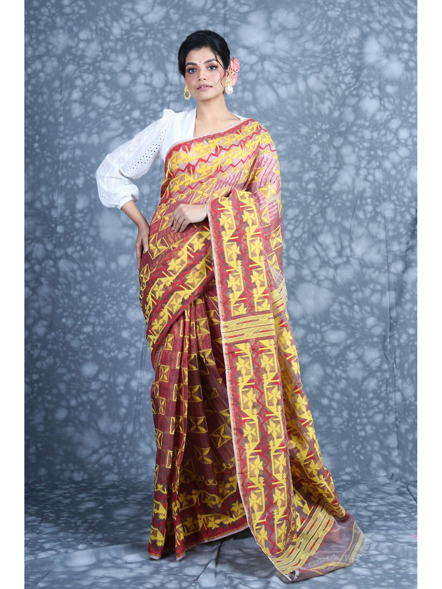 multi zari weaving tissue jamdani saree with unstitched blouse