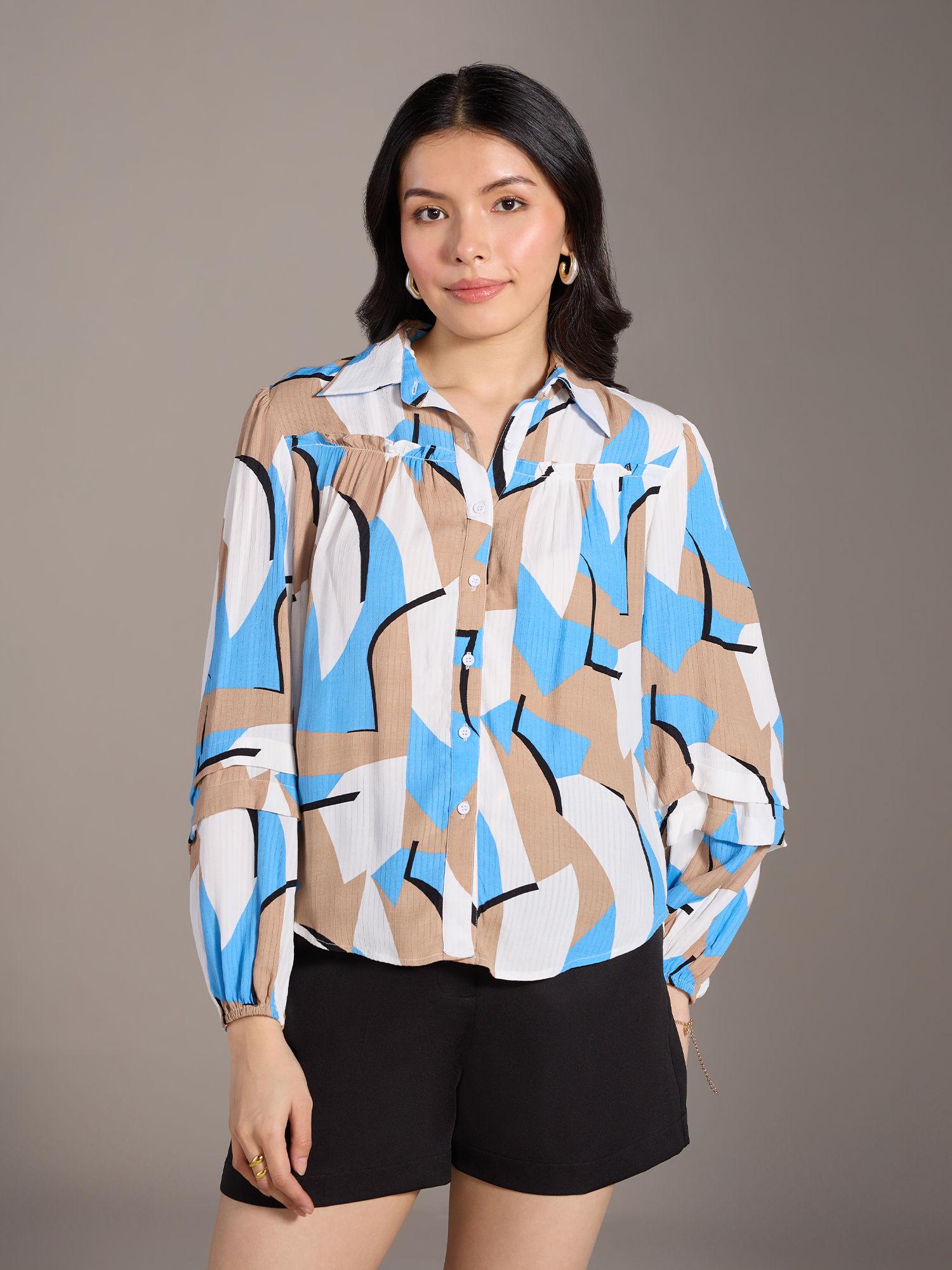 multicolor abstract print pleated sleeves shirt