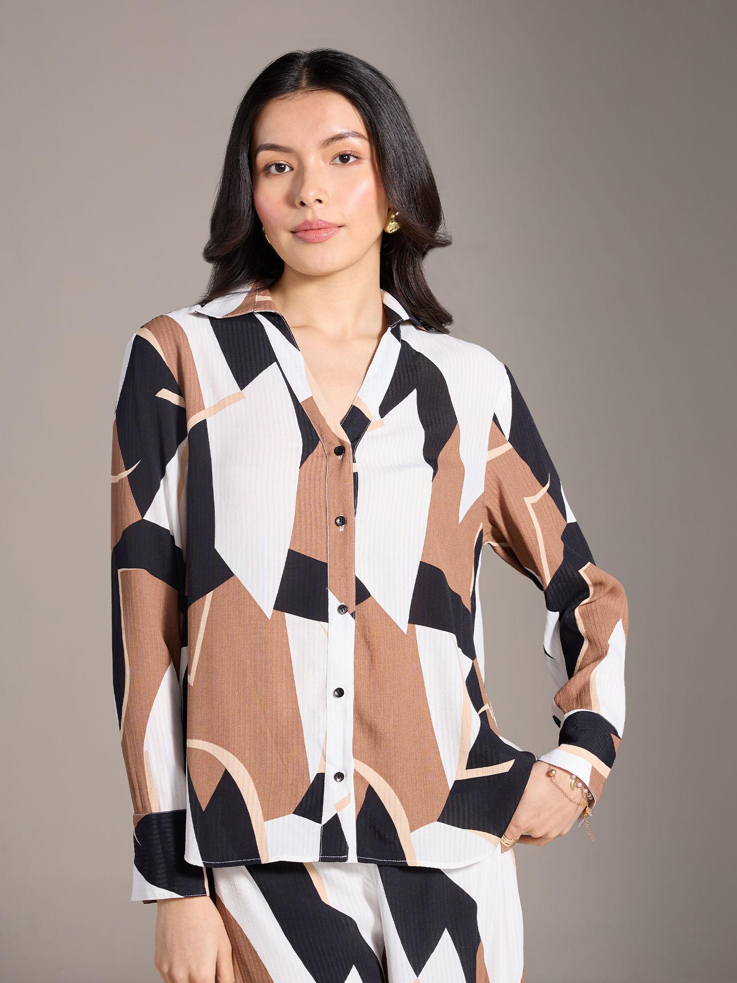 multicolor abstract print v neck collared shirt