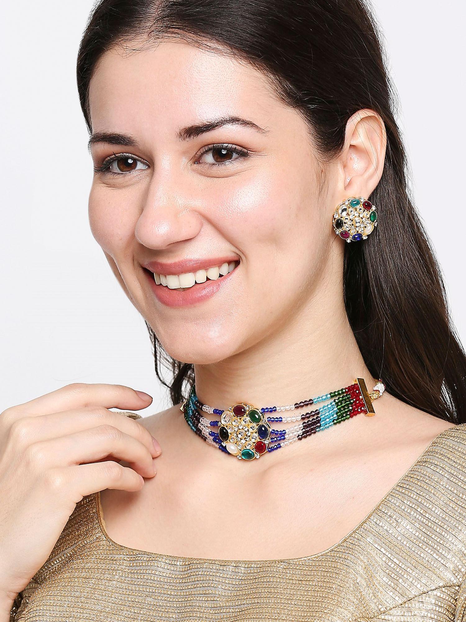 multicolor beads and kundan choker necklace set with matching earrings