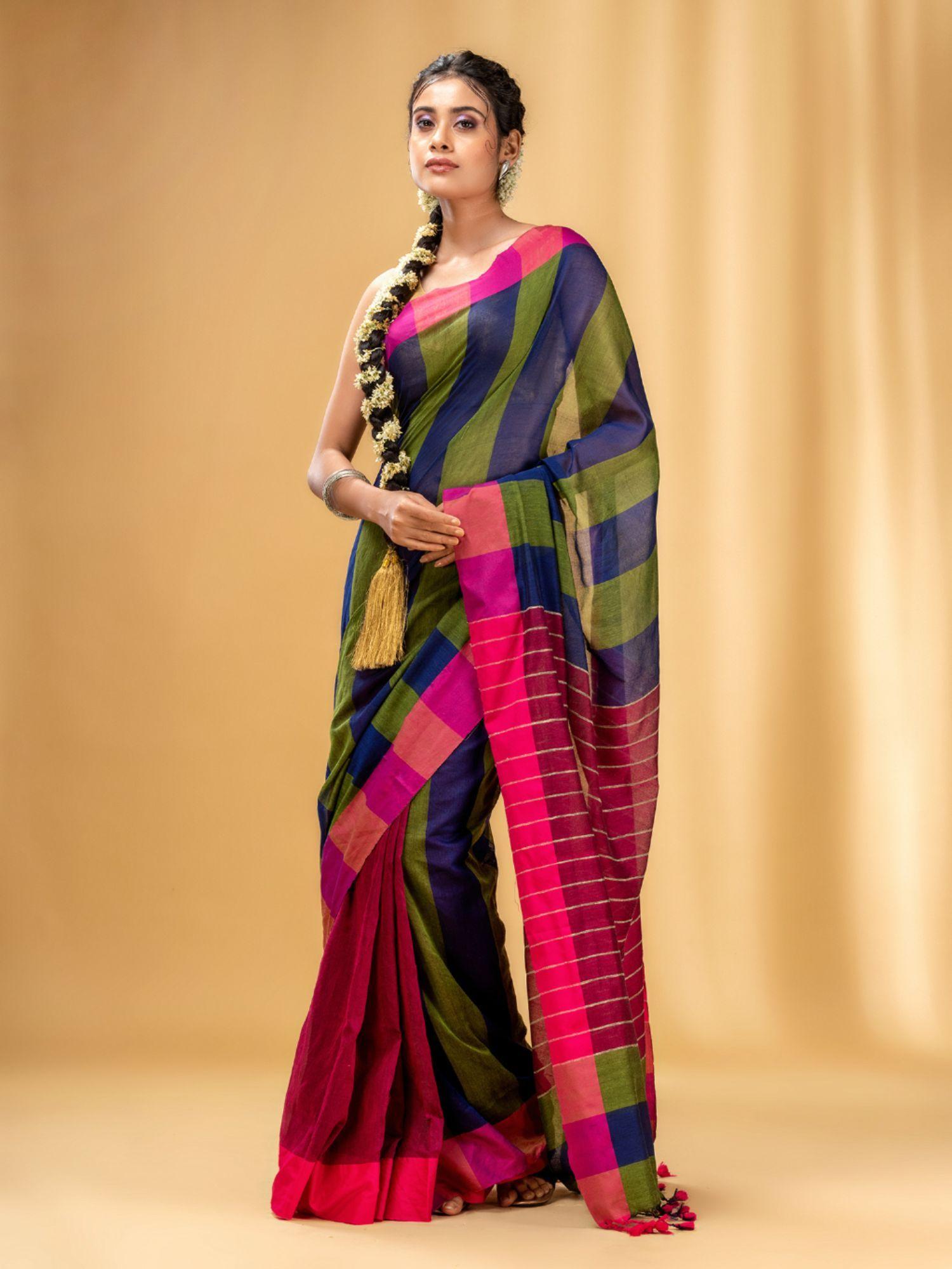 multicolor cotton handwoven saree with stripe gheecha pallu with unstitched blouse