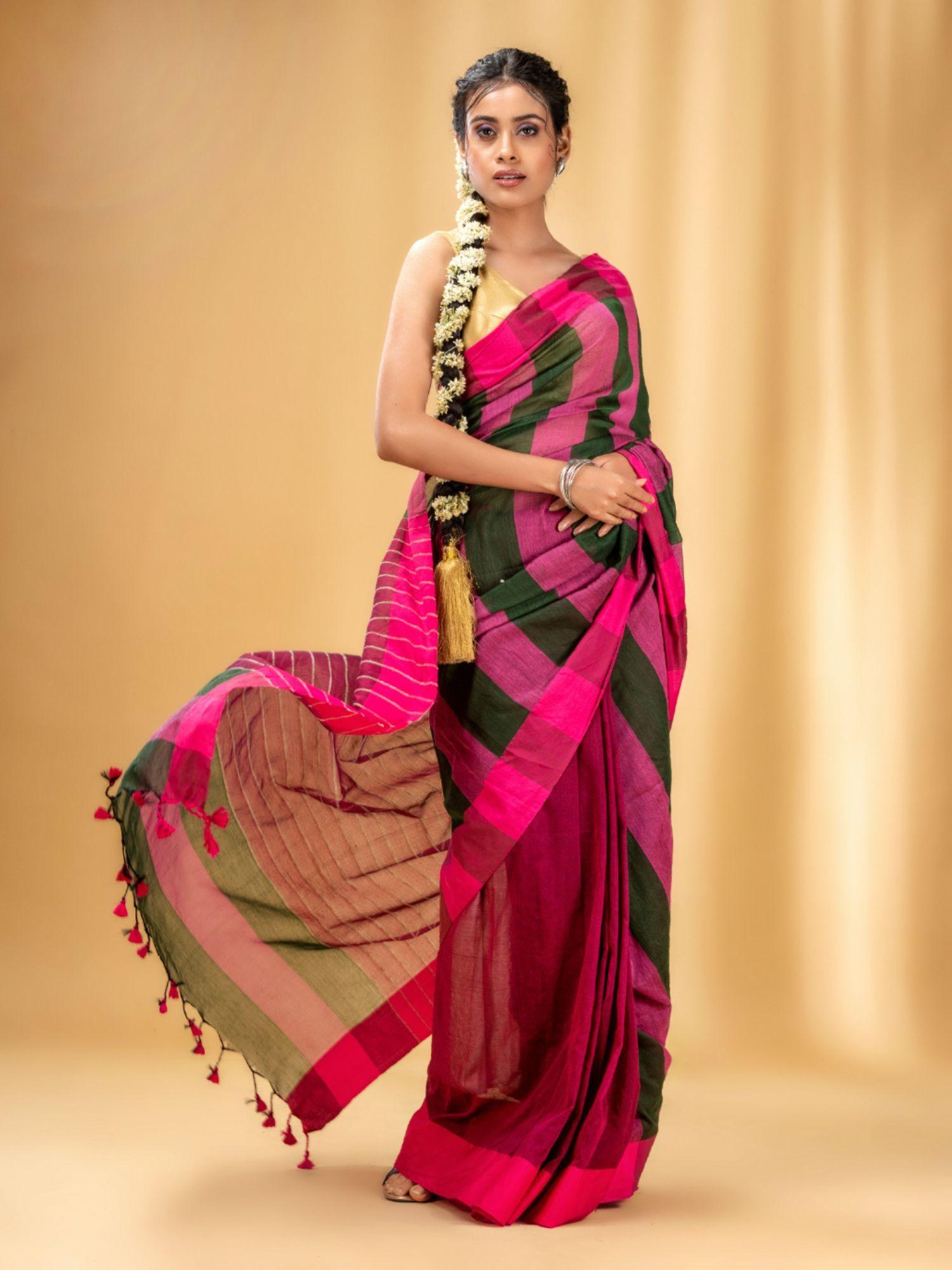 multicolor cotton handwoven saree with stripe gheecha pallu with unstitched blouse