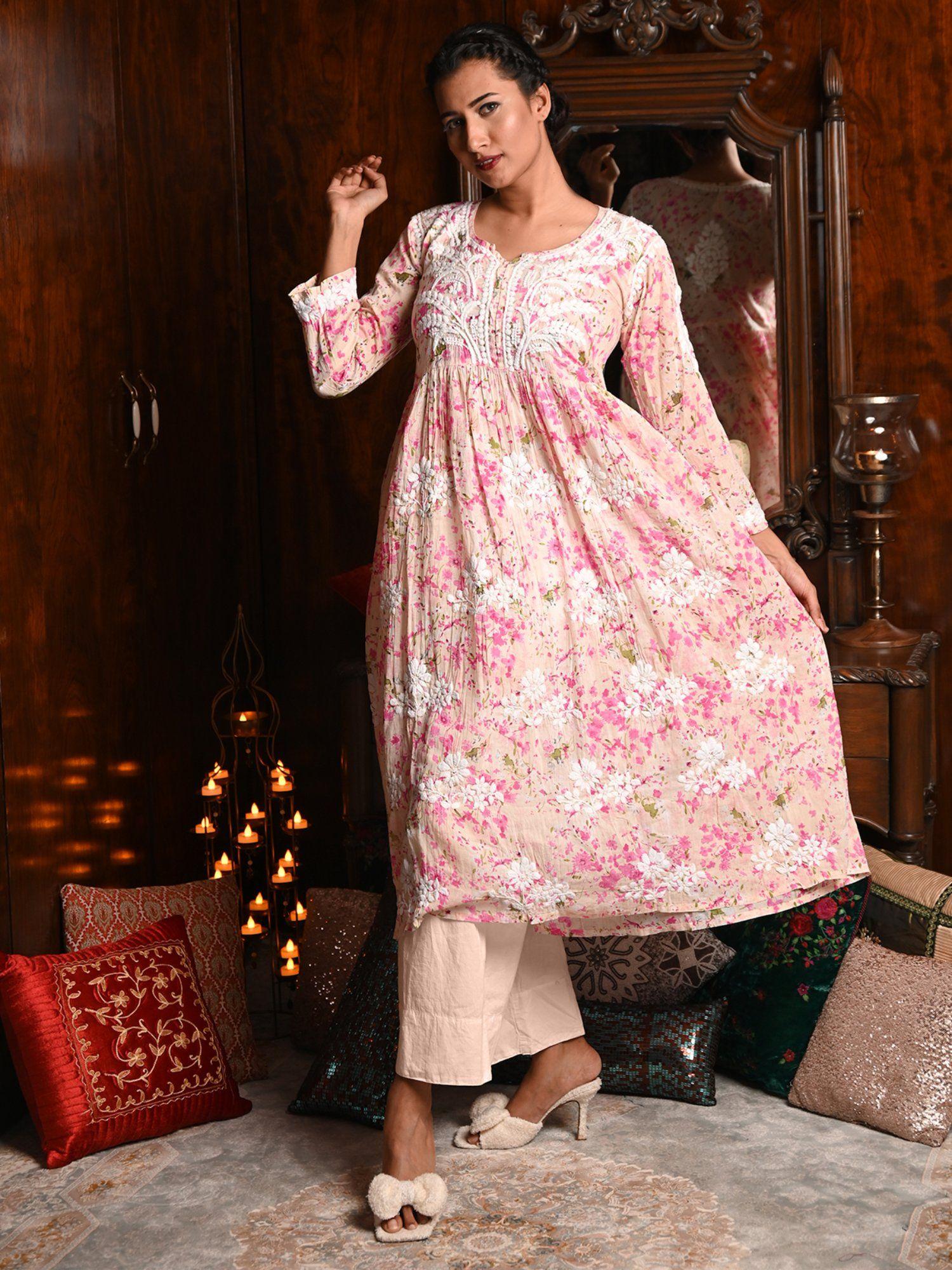 multicolor cotton printed chikankari embroidered stitched kurta