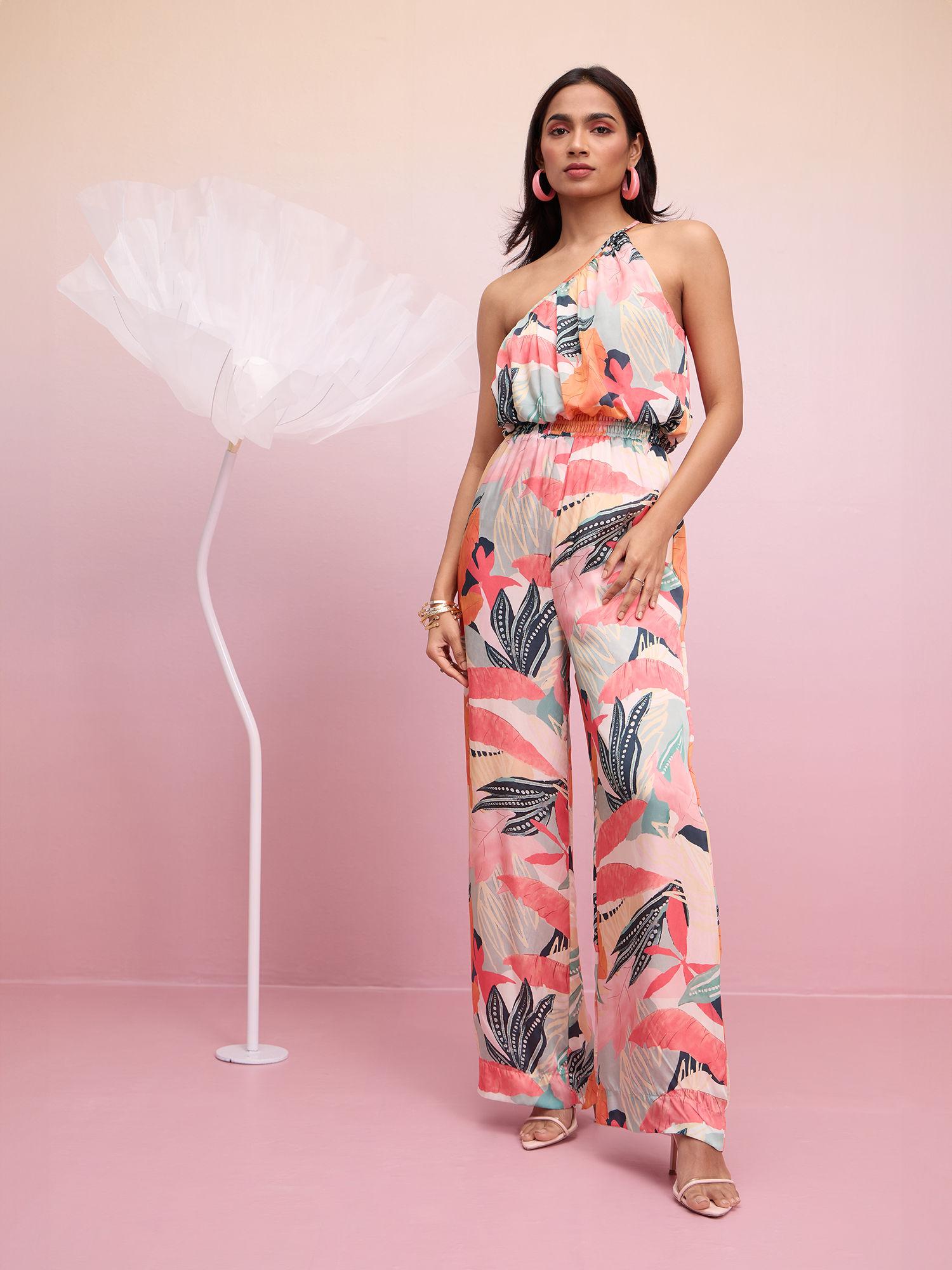 multicolor floral one shoulder satin maxi jumpsuit