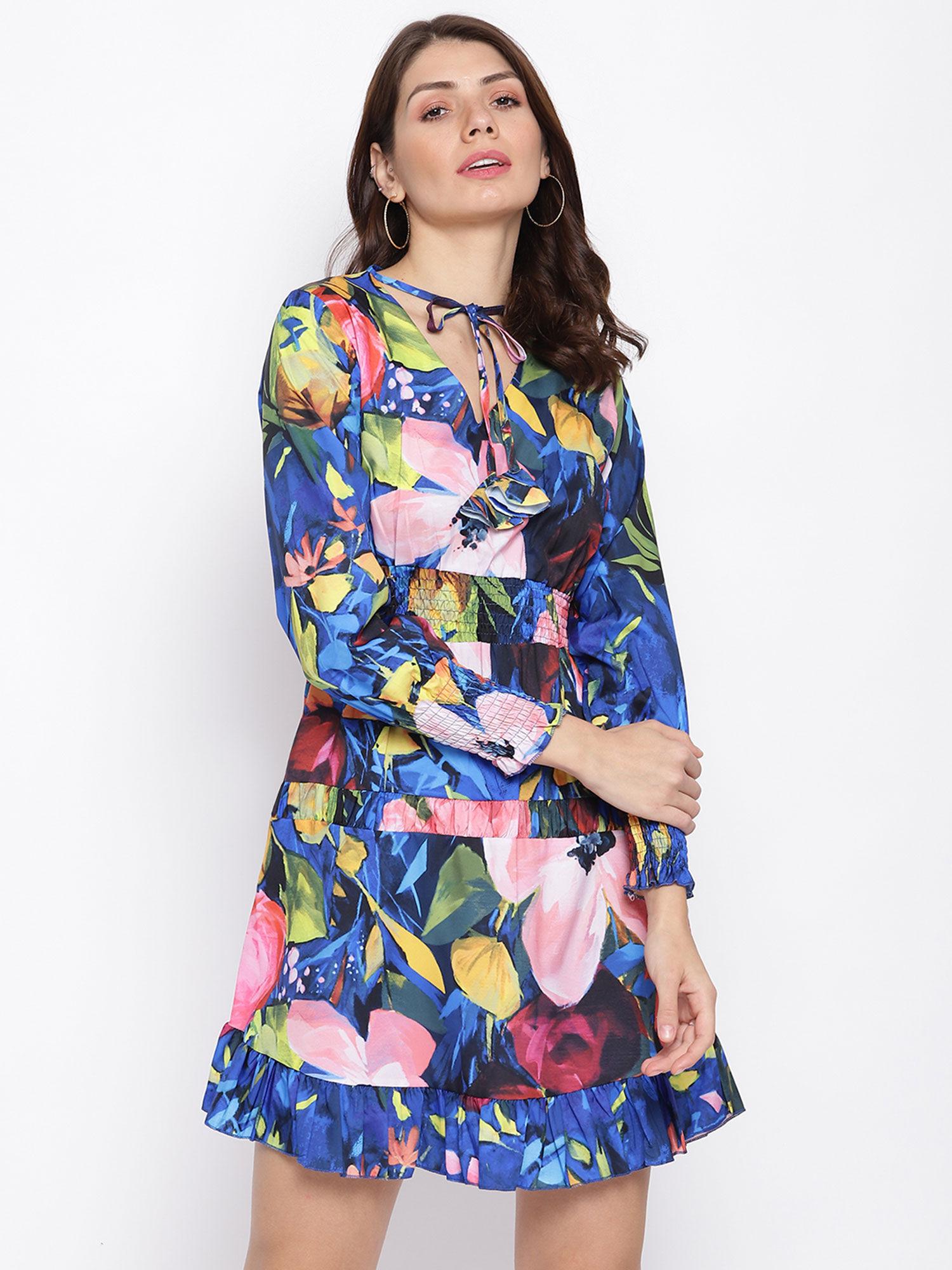 multicolor floral print cuff sleeves skater dress