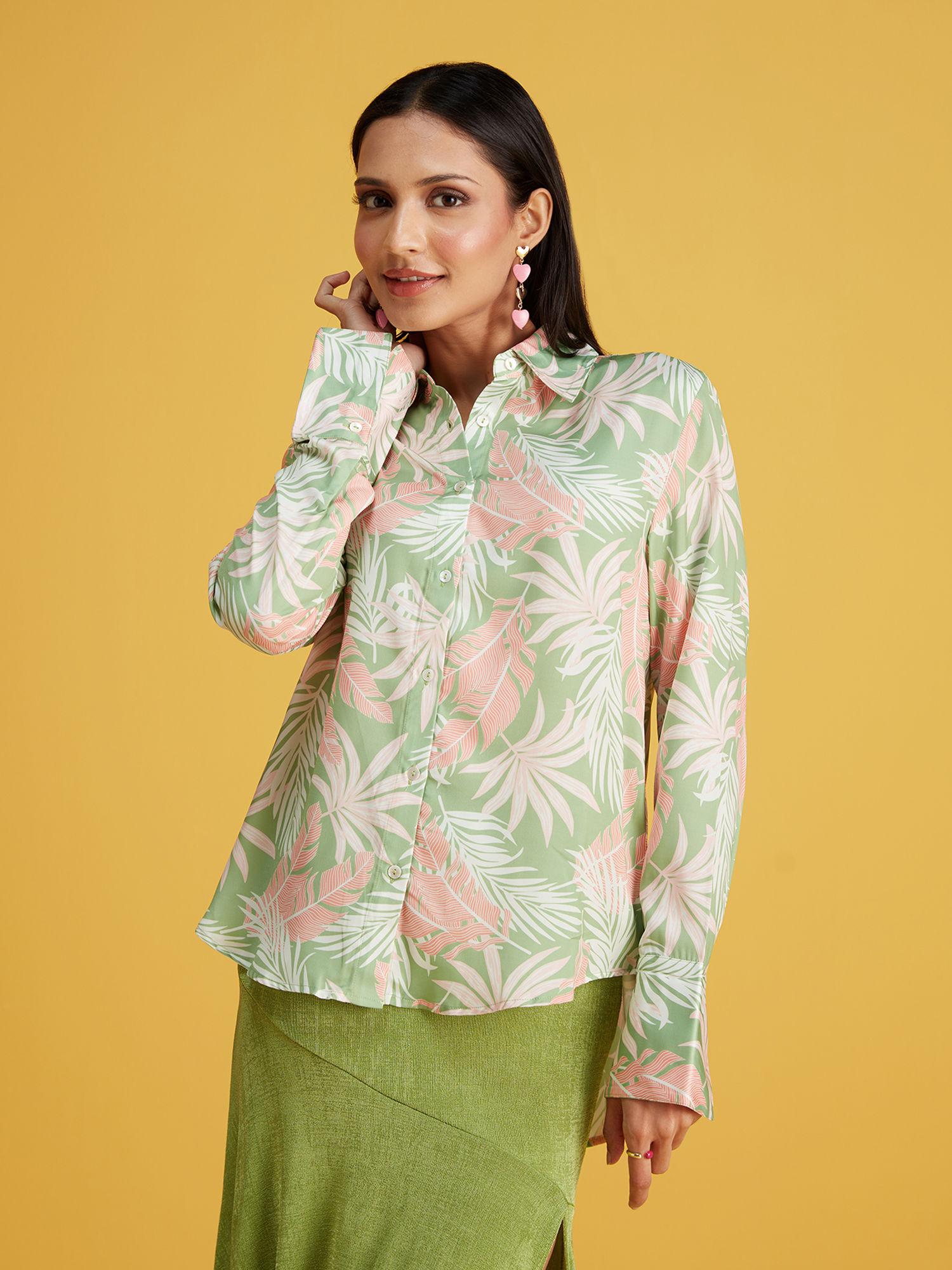 multicolor floral print full sleeves satin shirt