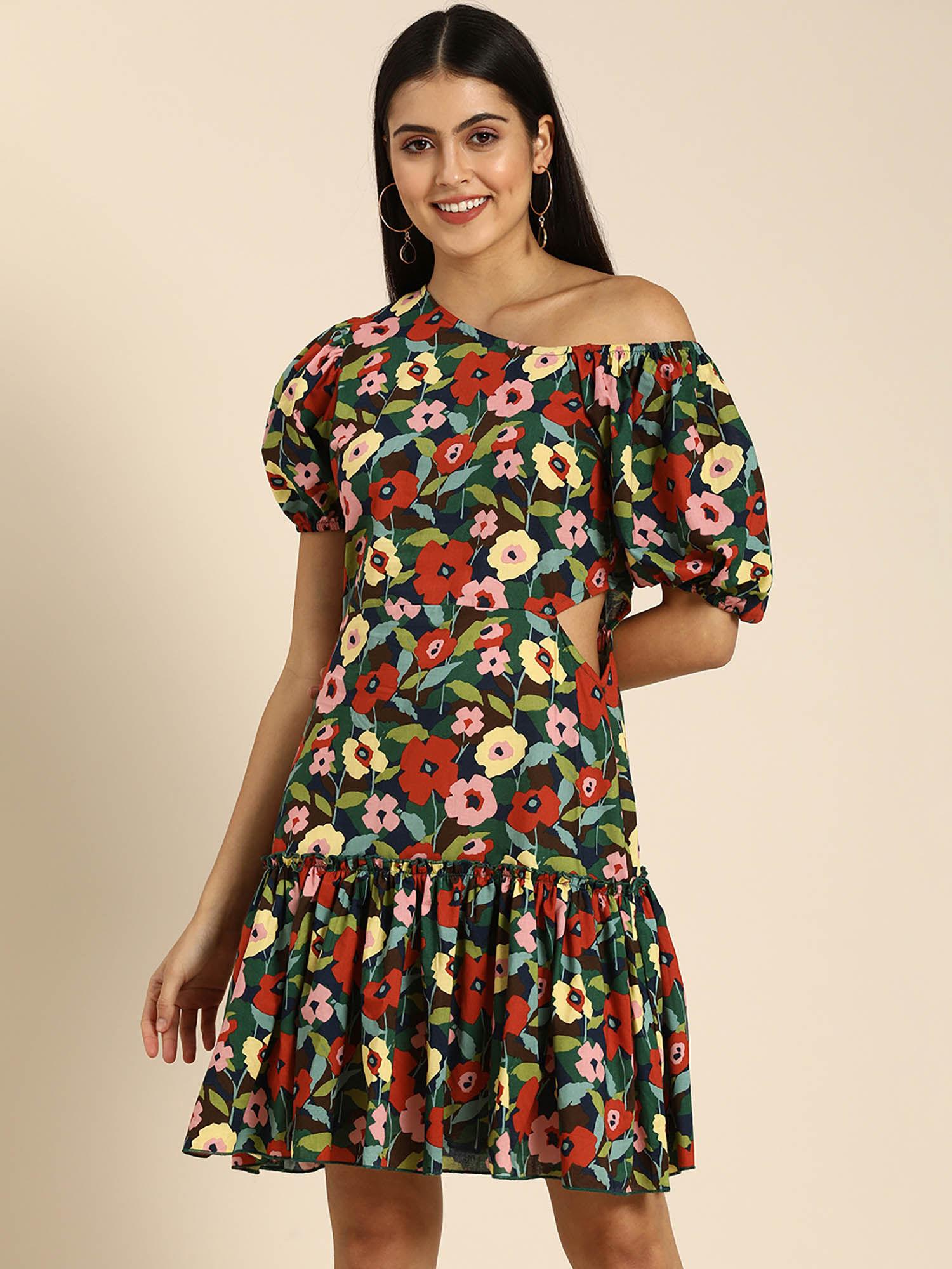 multicolor floral print one shoulder a-line dress