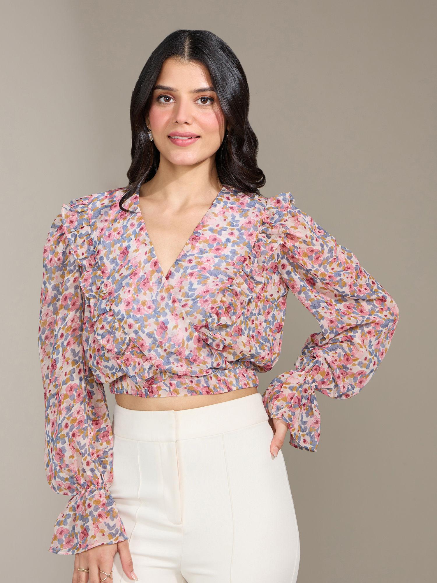 multicolor floral v neck wrap crop top