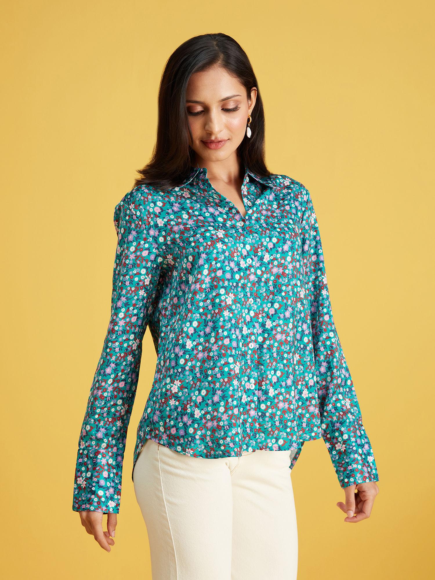 multicolor full sleeves floral print satin shirt