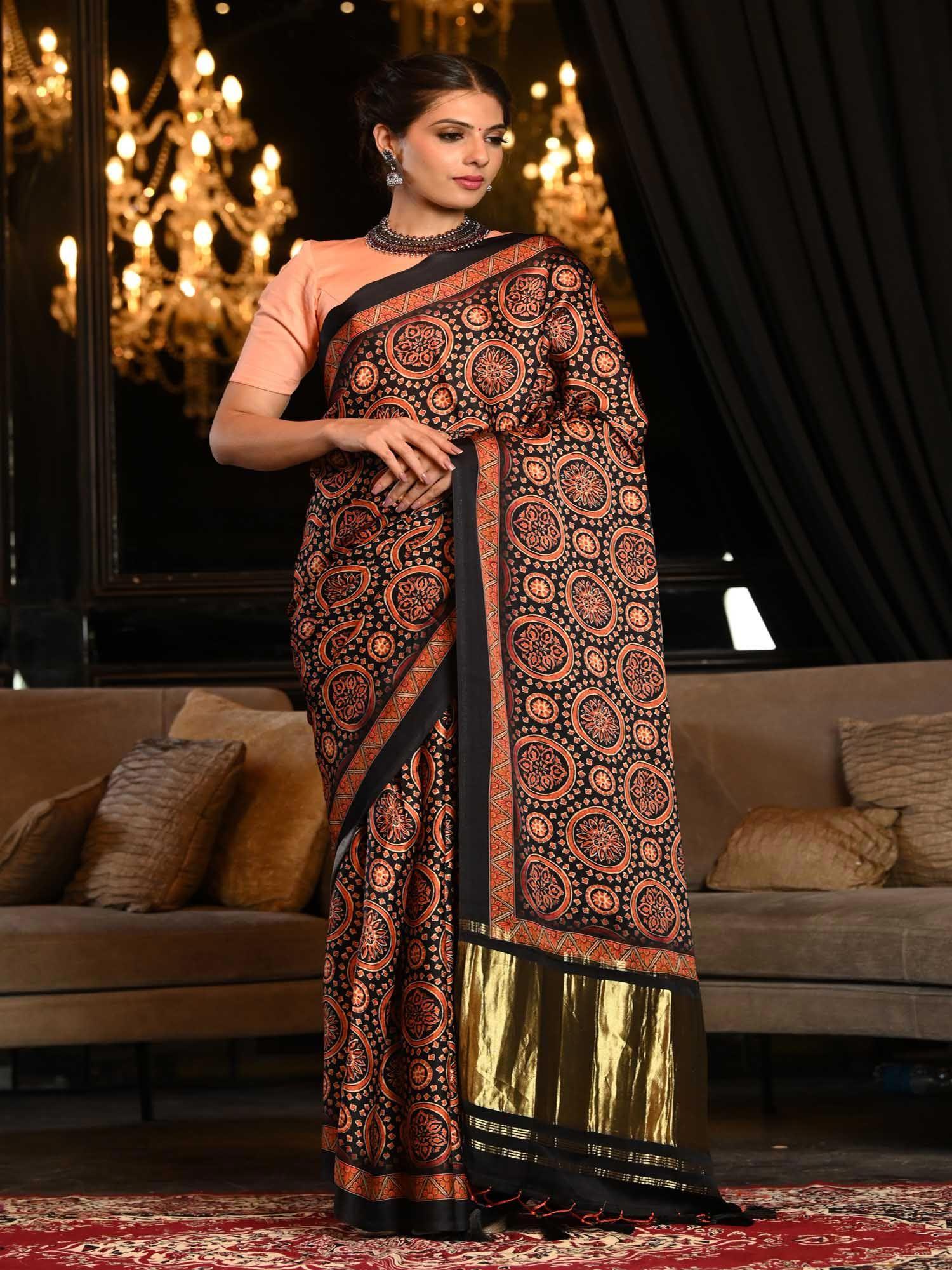 multicolor gajji satin silk printed saree with unstitched blouse