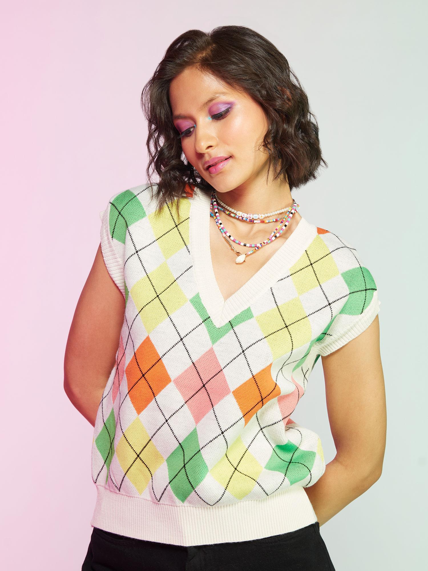 multicolor geometric print v neck sweater vest