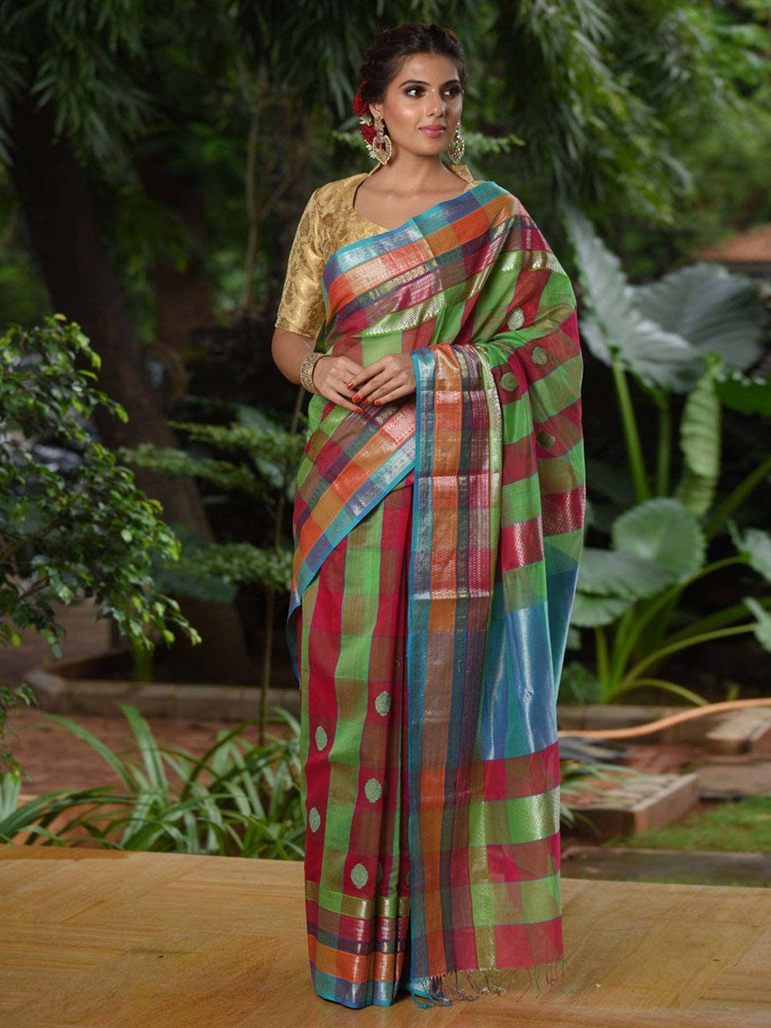 multicolor handwoven maheshwari designer checks saree with unstitched