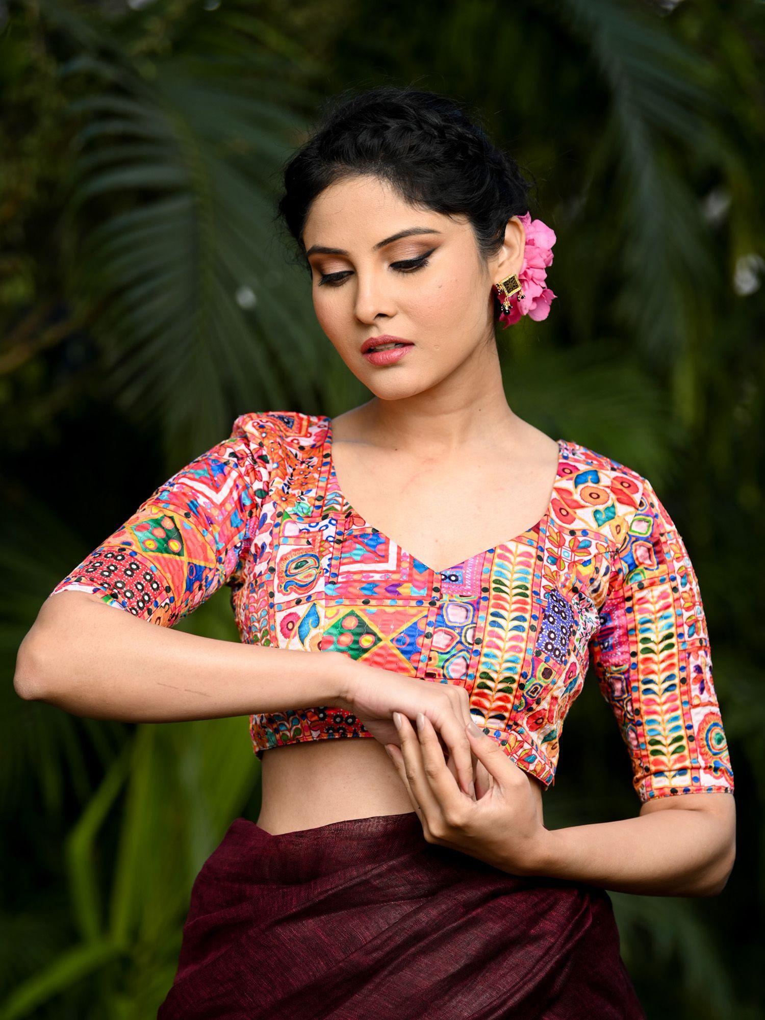 multicolor kalamkari printed half sleeves blouse