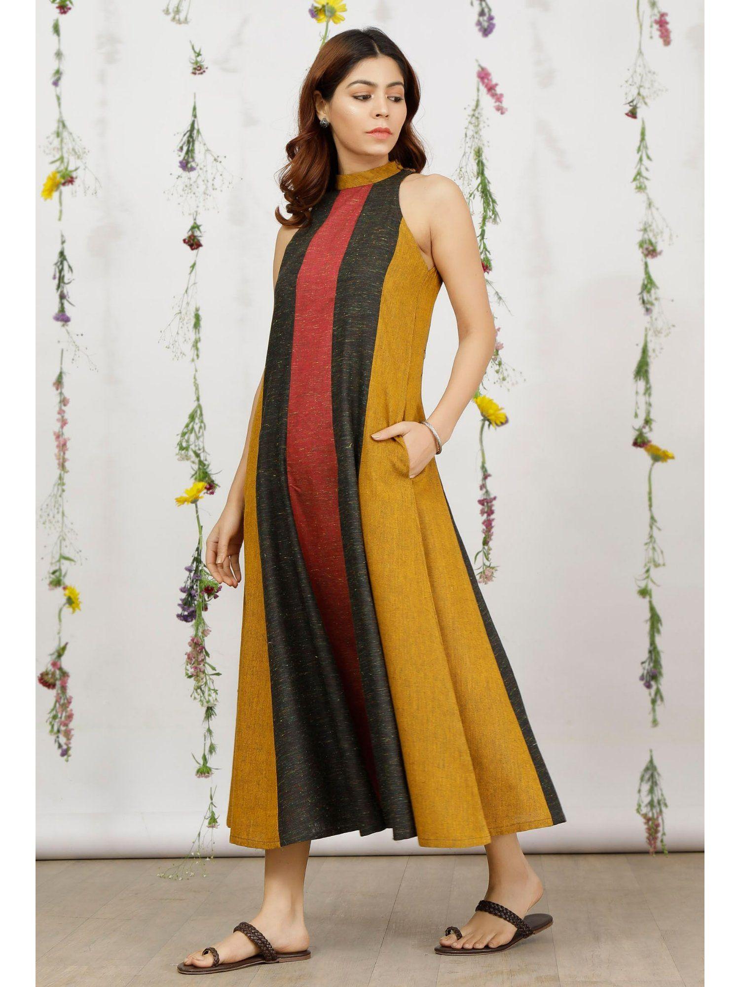 multicolor khadi cotton flared halter neck sleeveless midi dress