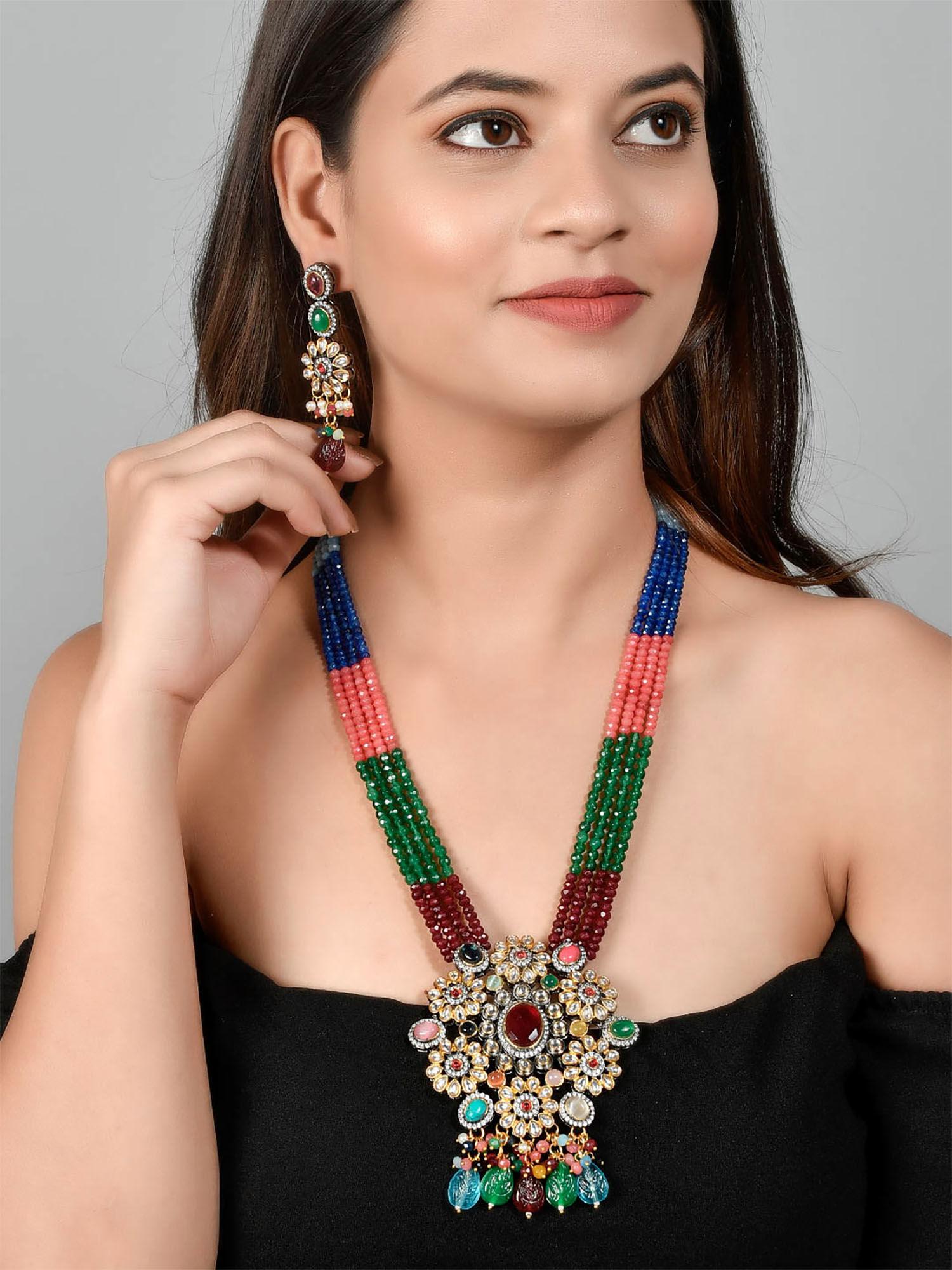 multicolor layered kundan jadau long jewellery set