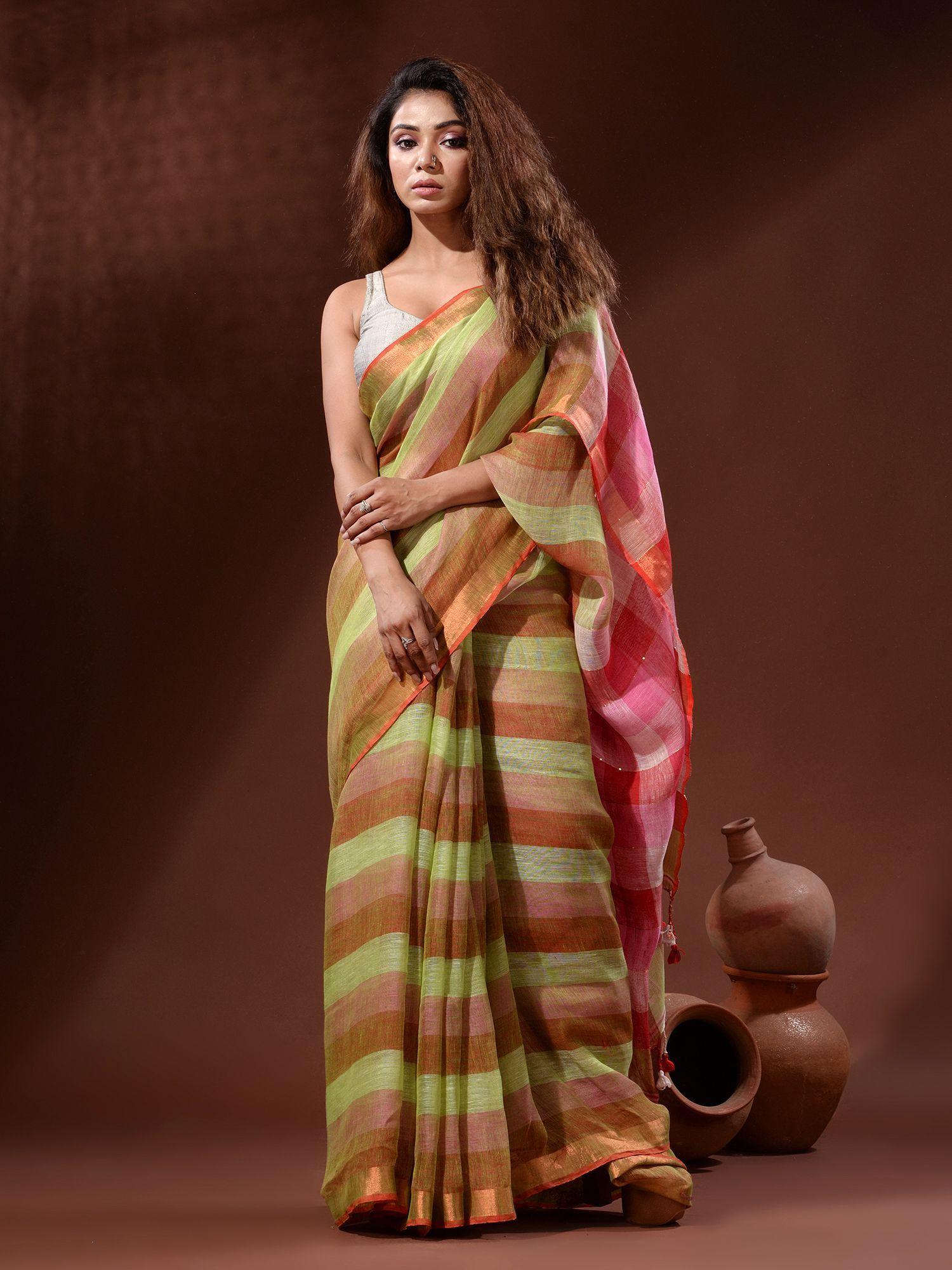 multicolor linen handwoven soft saree with unstitched blouse