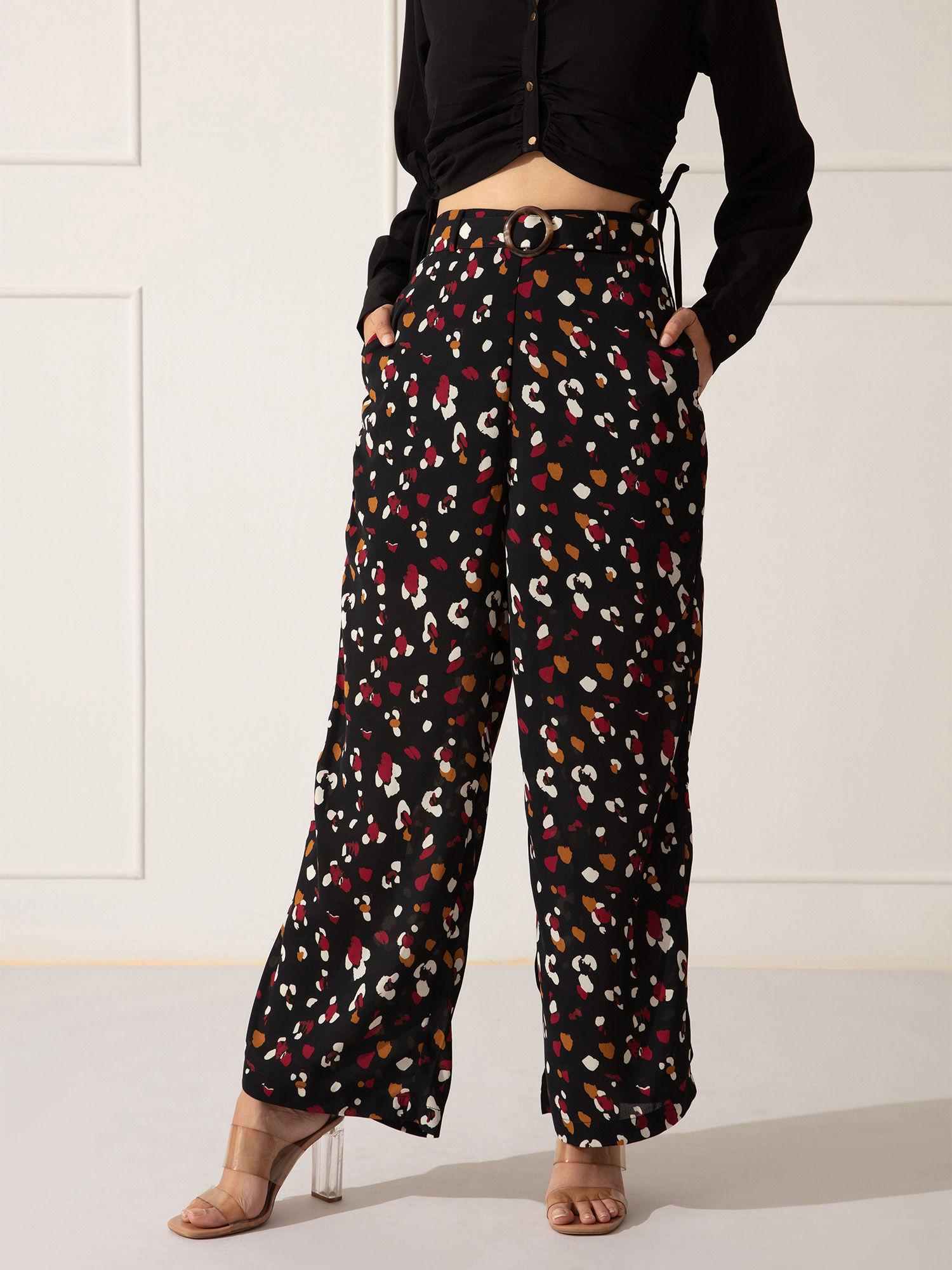 multicolor printed flared pants with belt