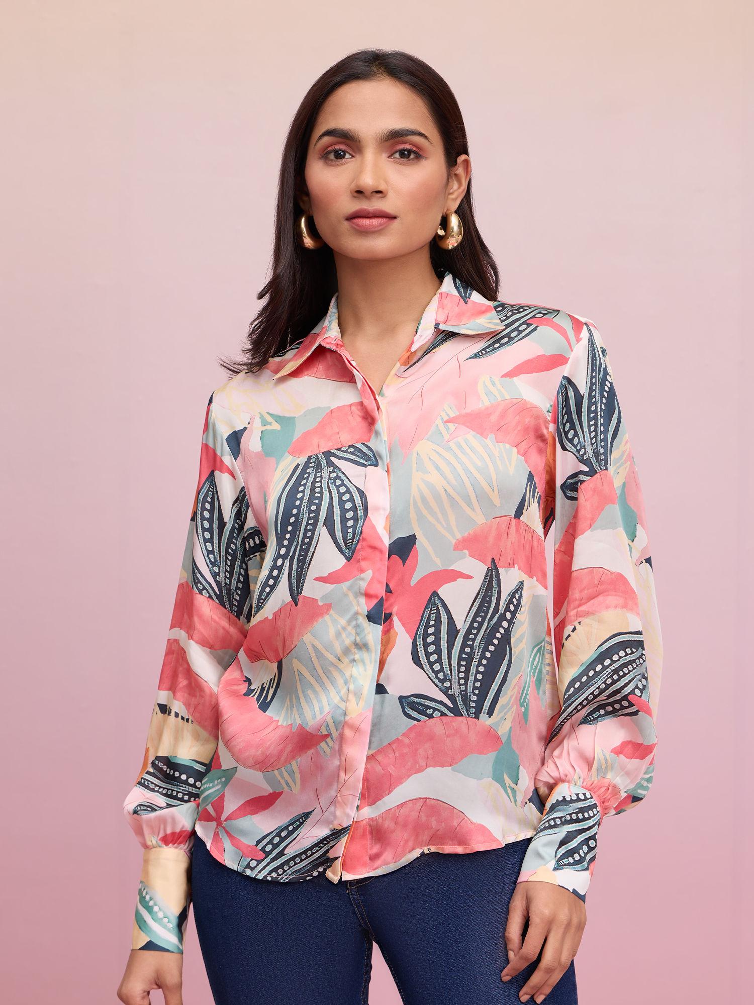 multicolor printed floral full sleeves satin shirt