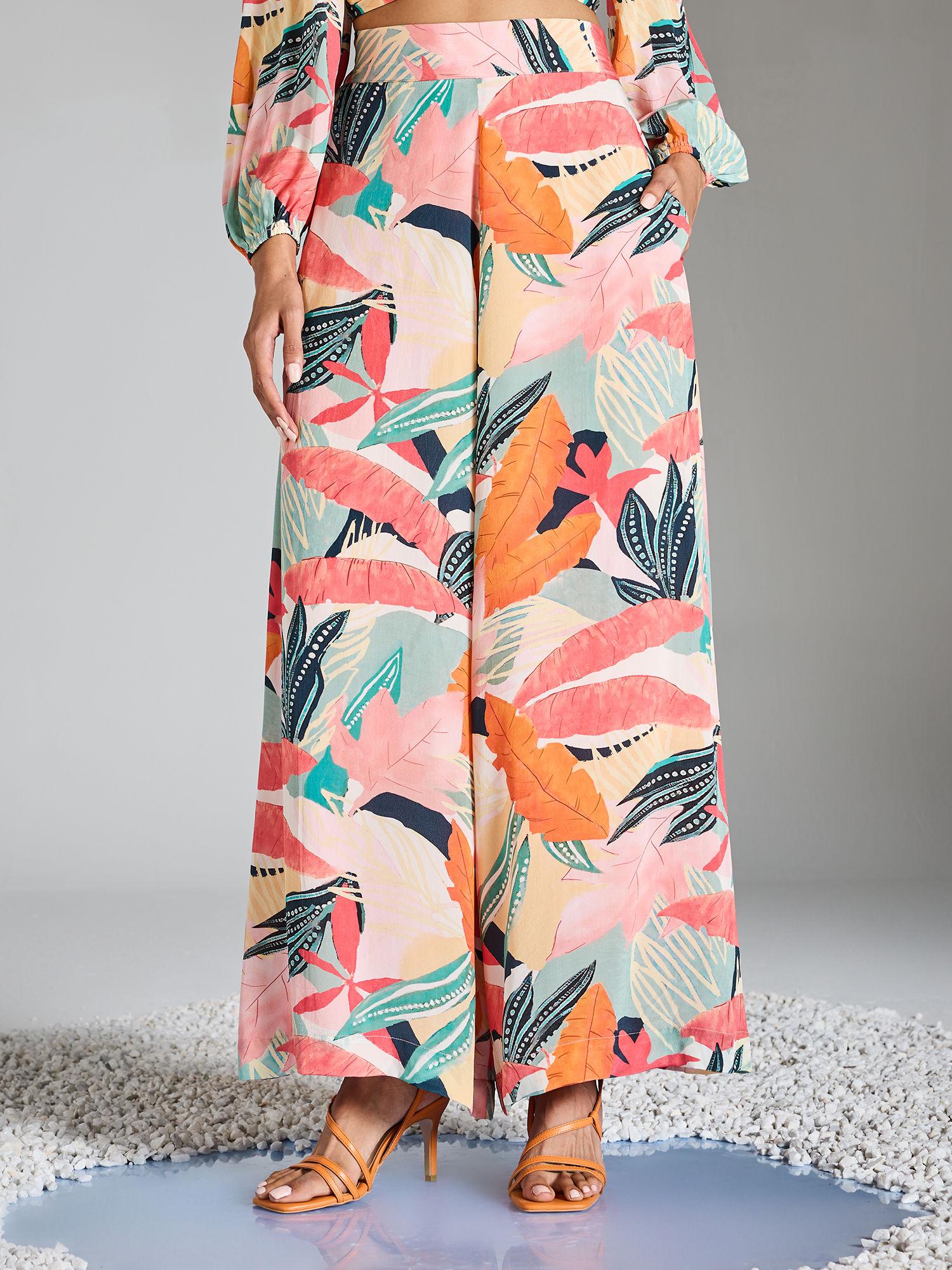 multicolor printed high waist flared pants