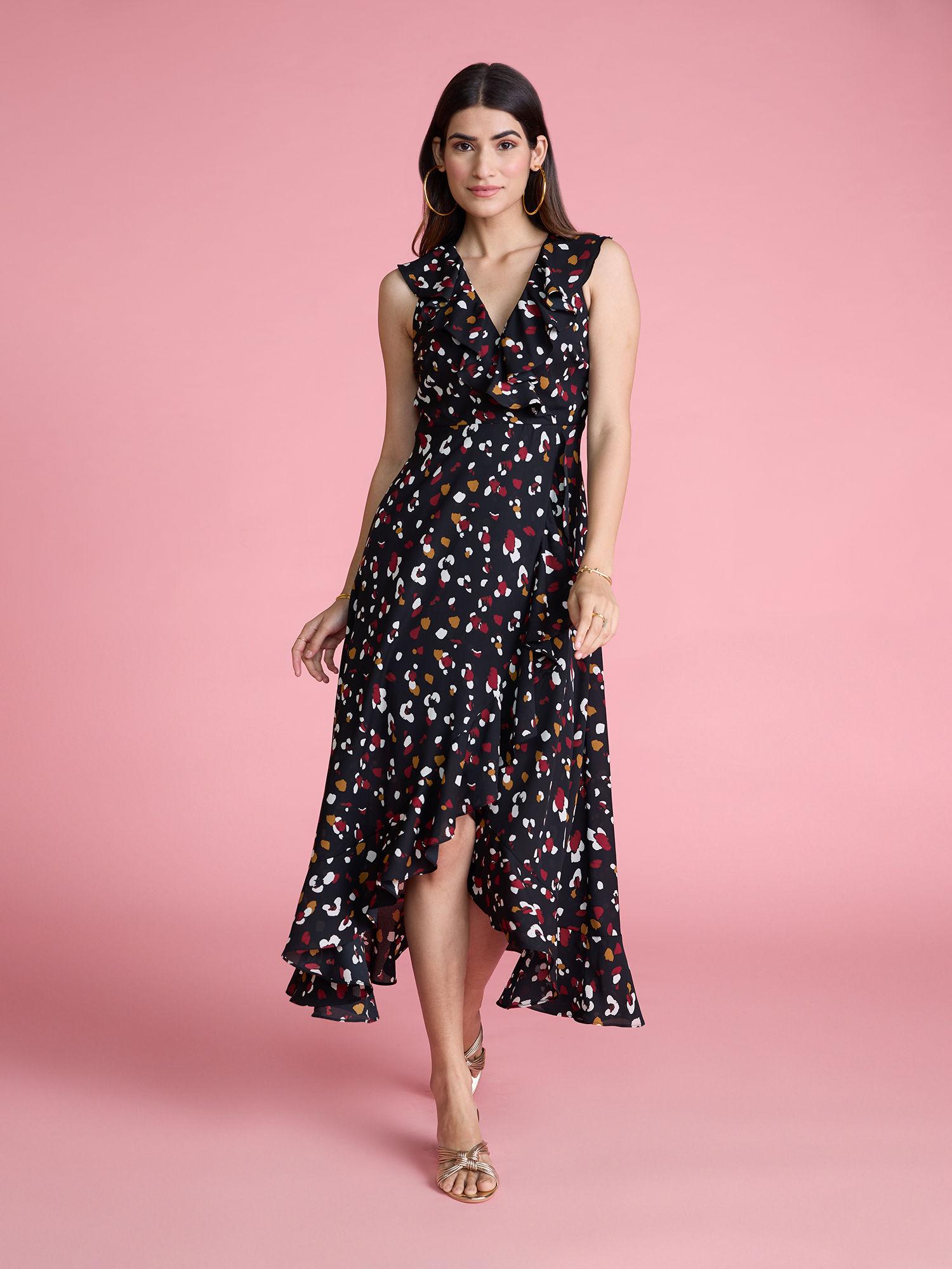 multicolor printed v neck asymmetric midi dress