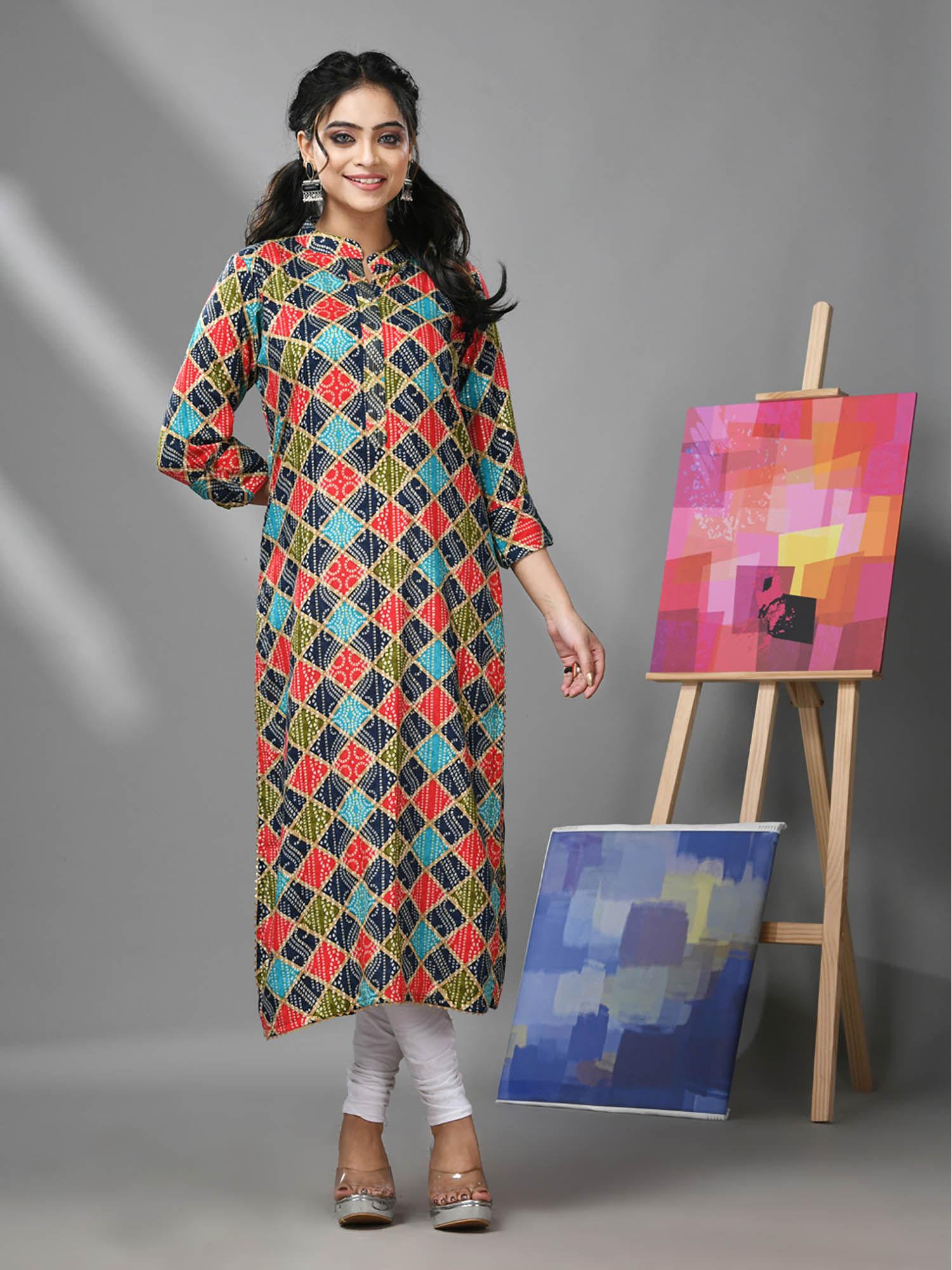 multicolor rayon bandhani printed kurta