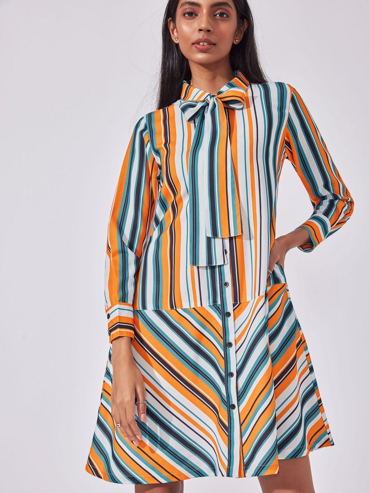 multicolor striped bow tie shirt dress