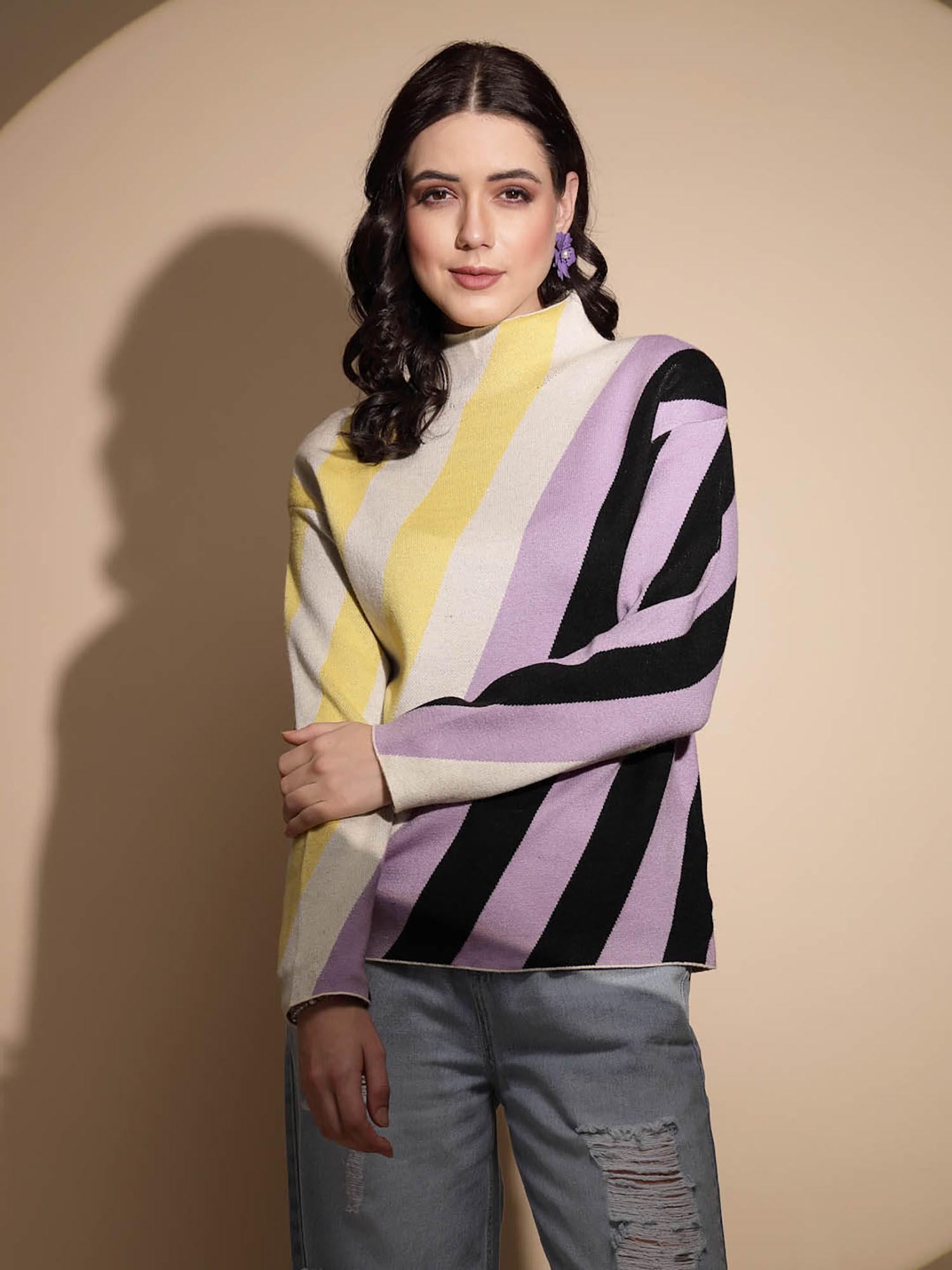 multicolor striped high neck pullover