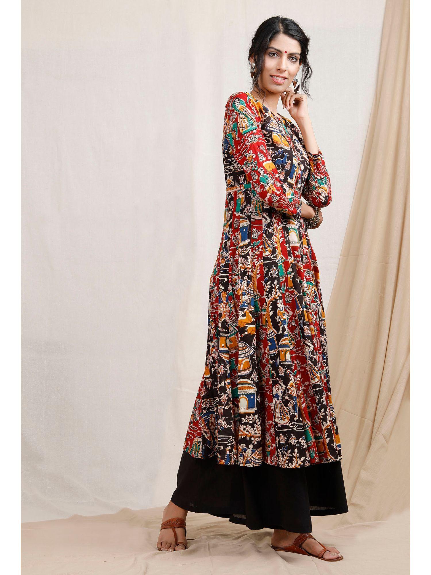 multicolor three print kalidar kalamkari kurta