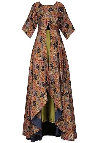 multicolor vintage print flared tunic with olive wrap pants