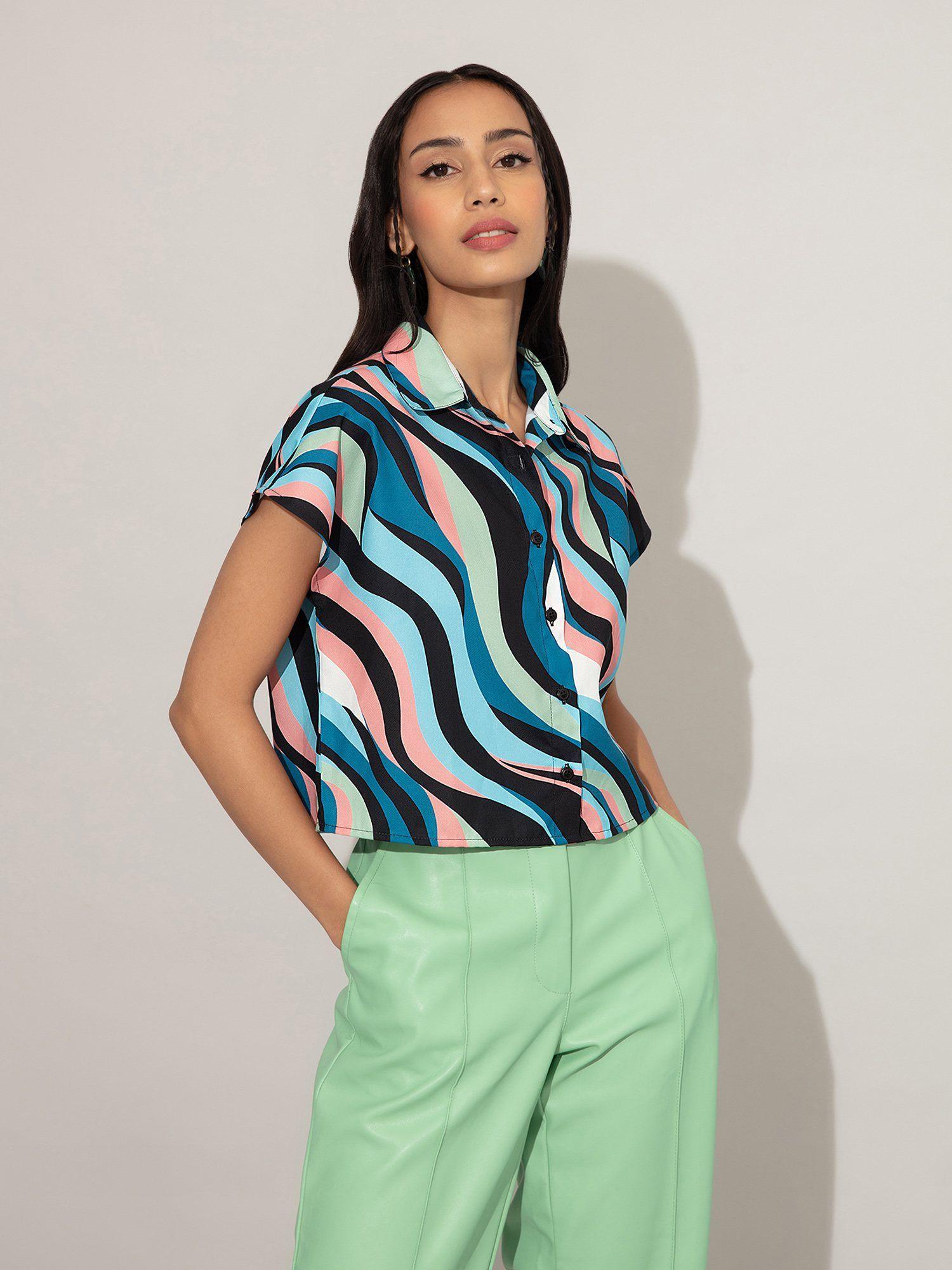 multicolor wave printed crop shirt