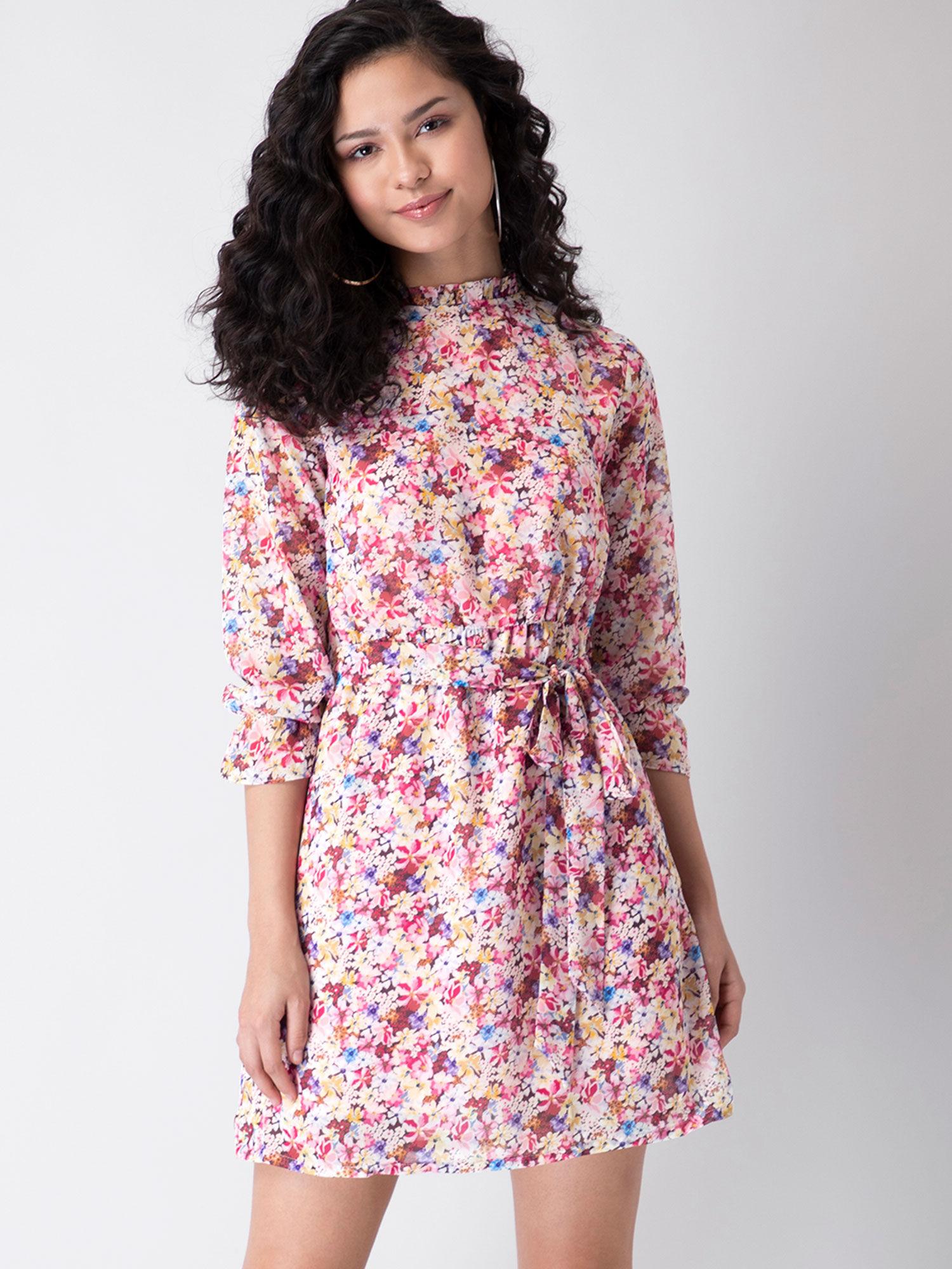 multicolored floral belted high neck shift dress