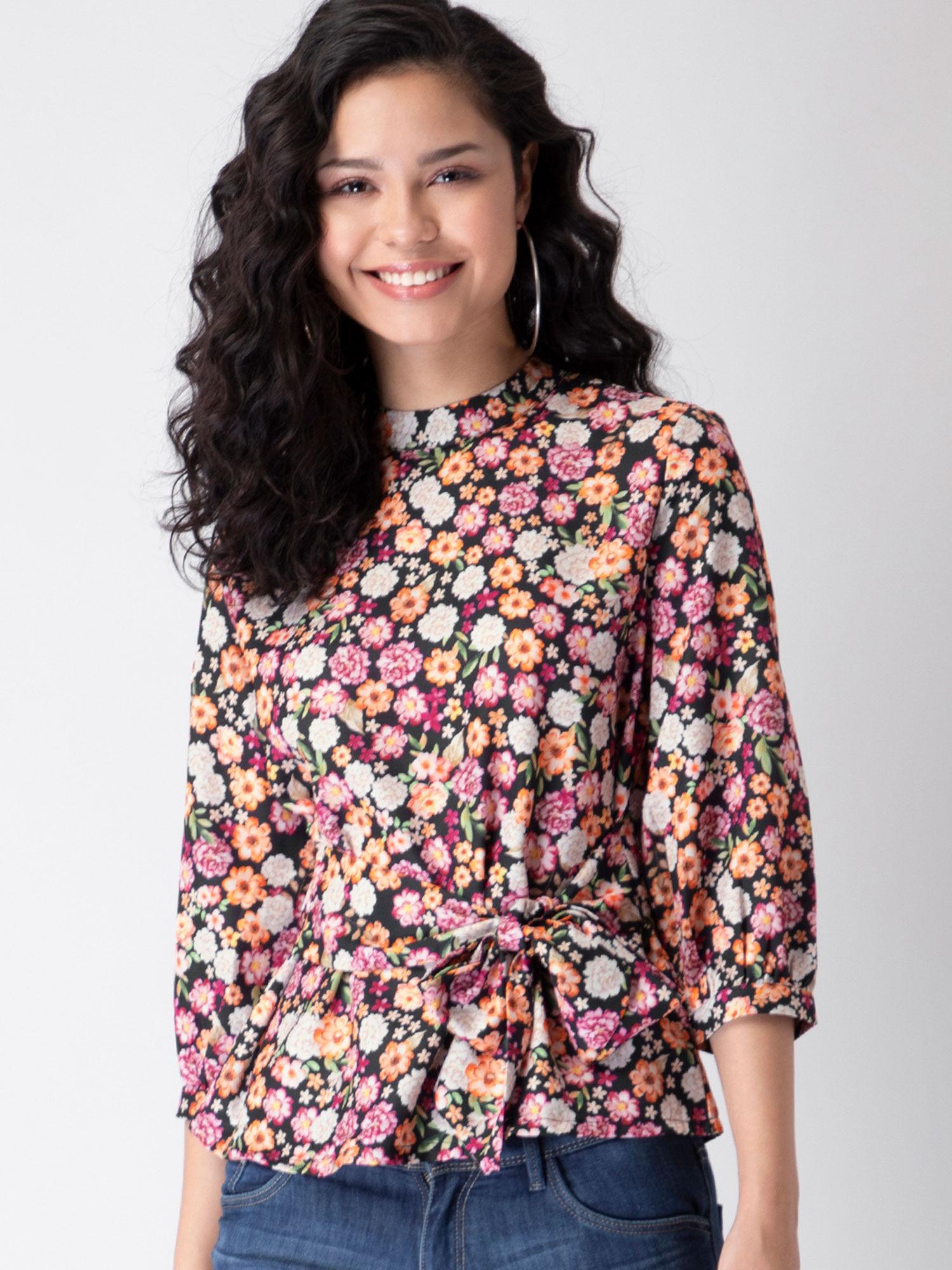 multicolored floral front tie up blouse