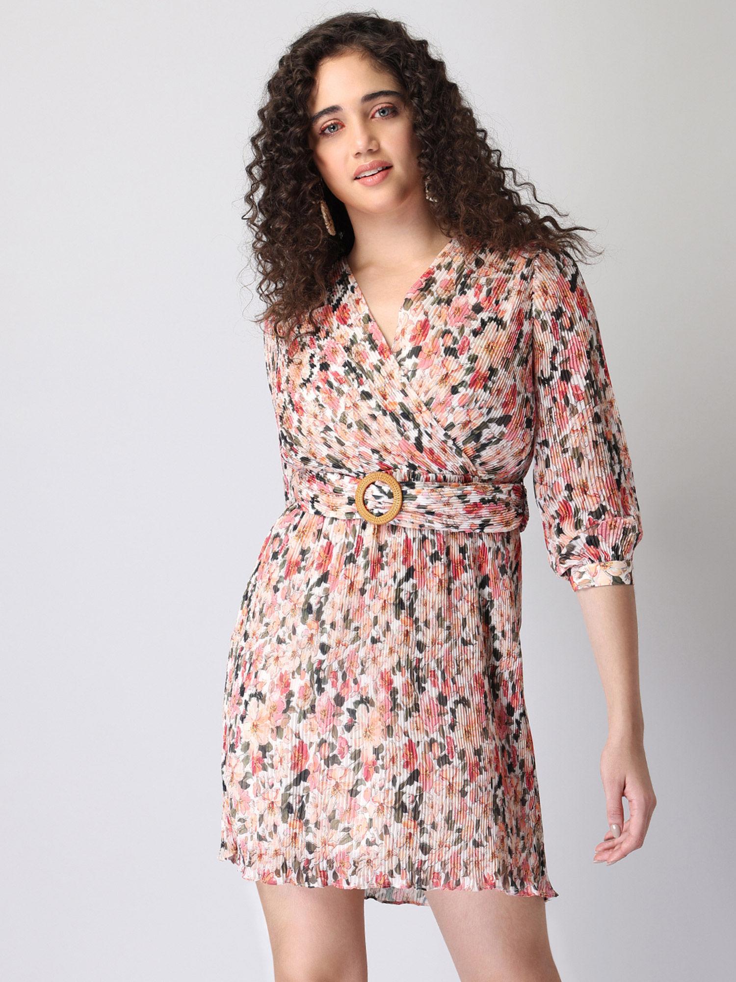 multicolored floral pleated belted wrap dress