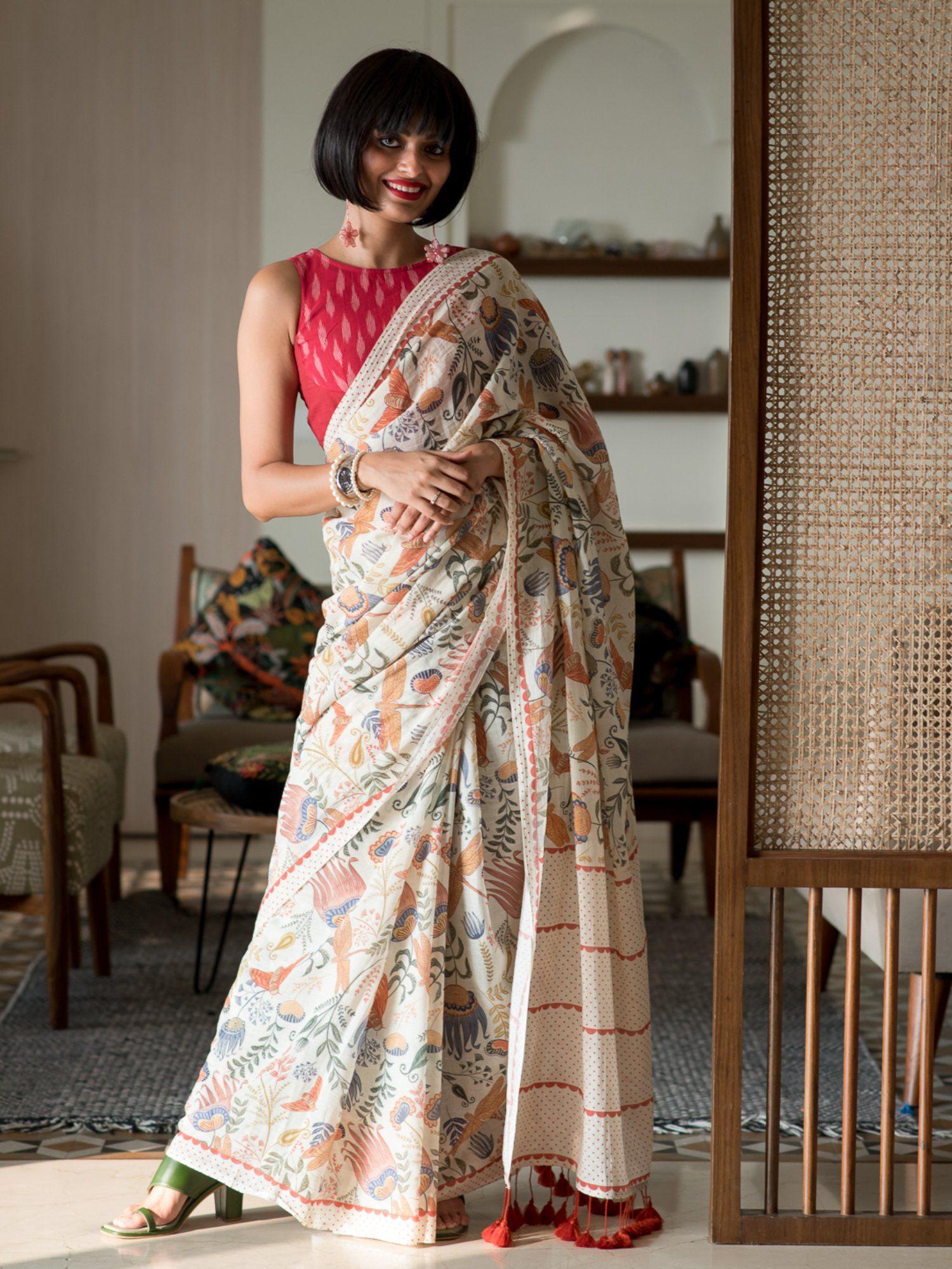 multicolored floral pure cotton saree with unstitched blouse