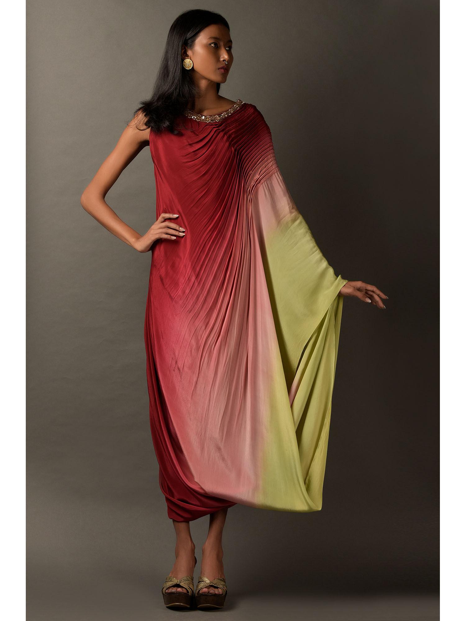 multicolored ombre satin embroidered dress (set of 2)