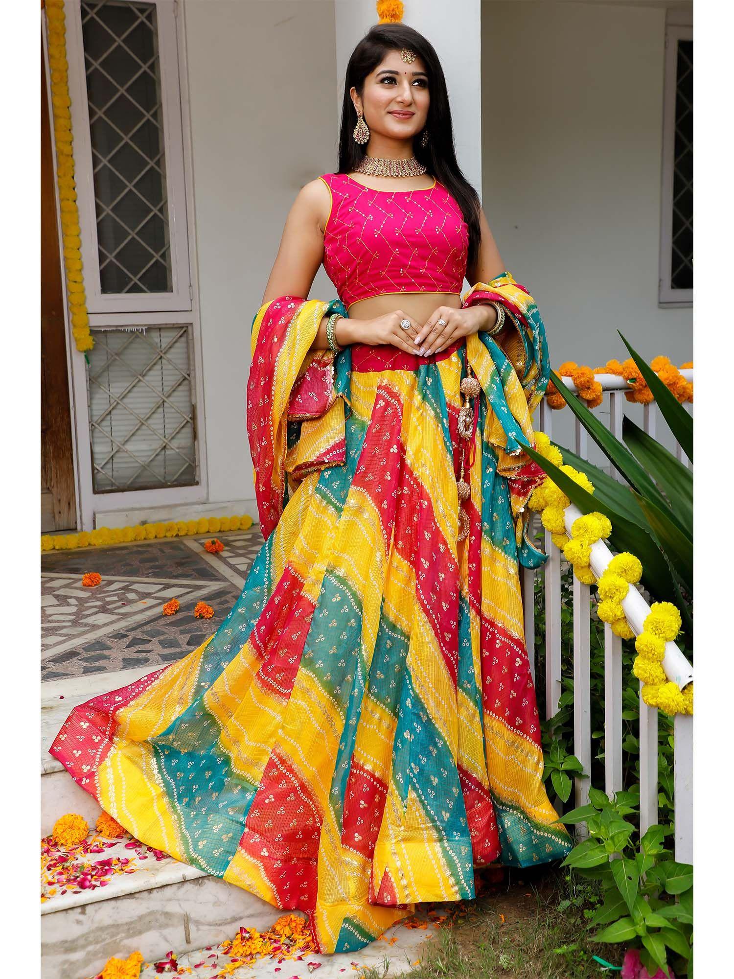 multicolored rangeeli stitched lehenga & dupatta with unstitched blouse (set of 3)