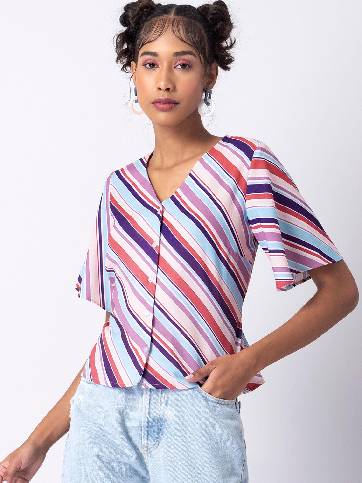 multicolored striped buttoned back tie blouse