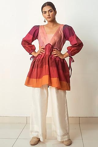 multicolored top with balloon sleeves