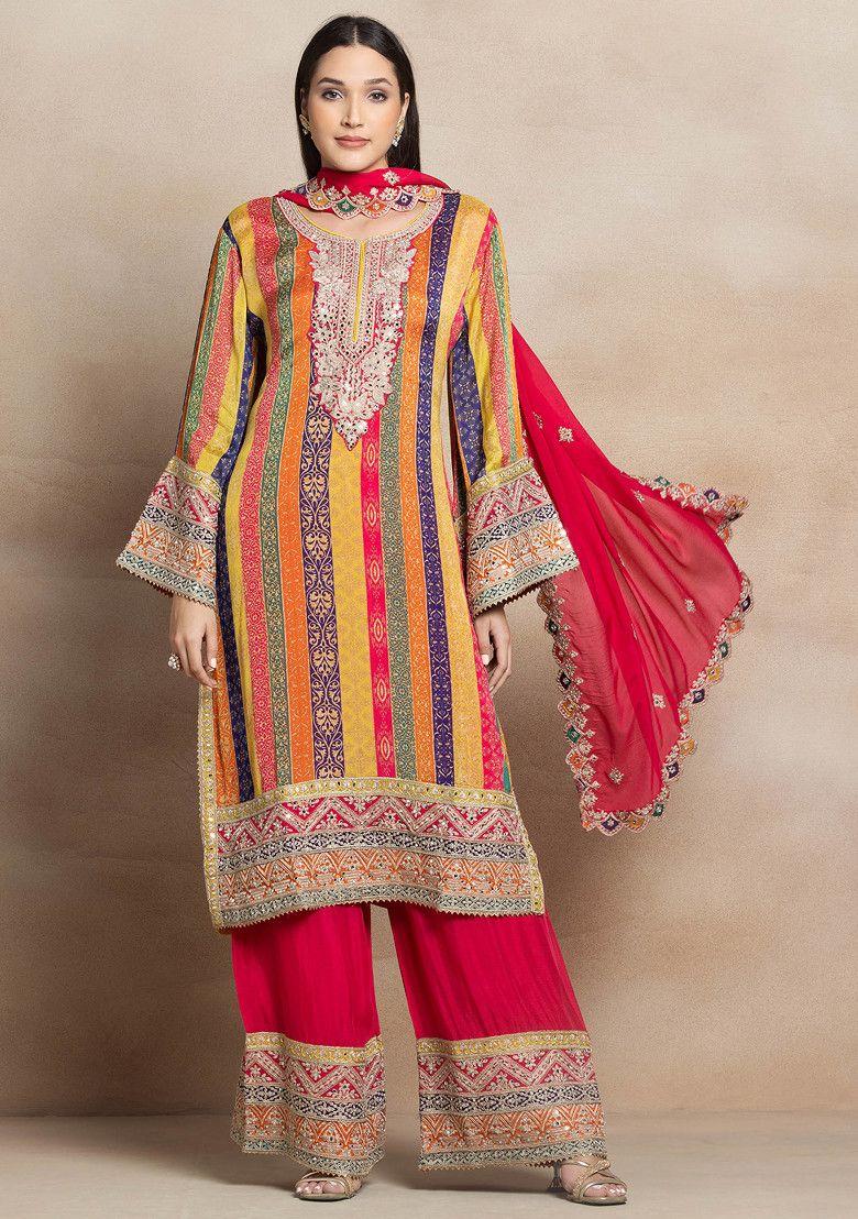 multicolour abstract print embroidered kurta set with pink pants and dupatta