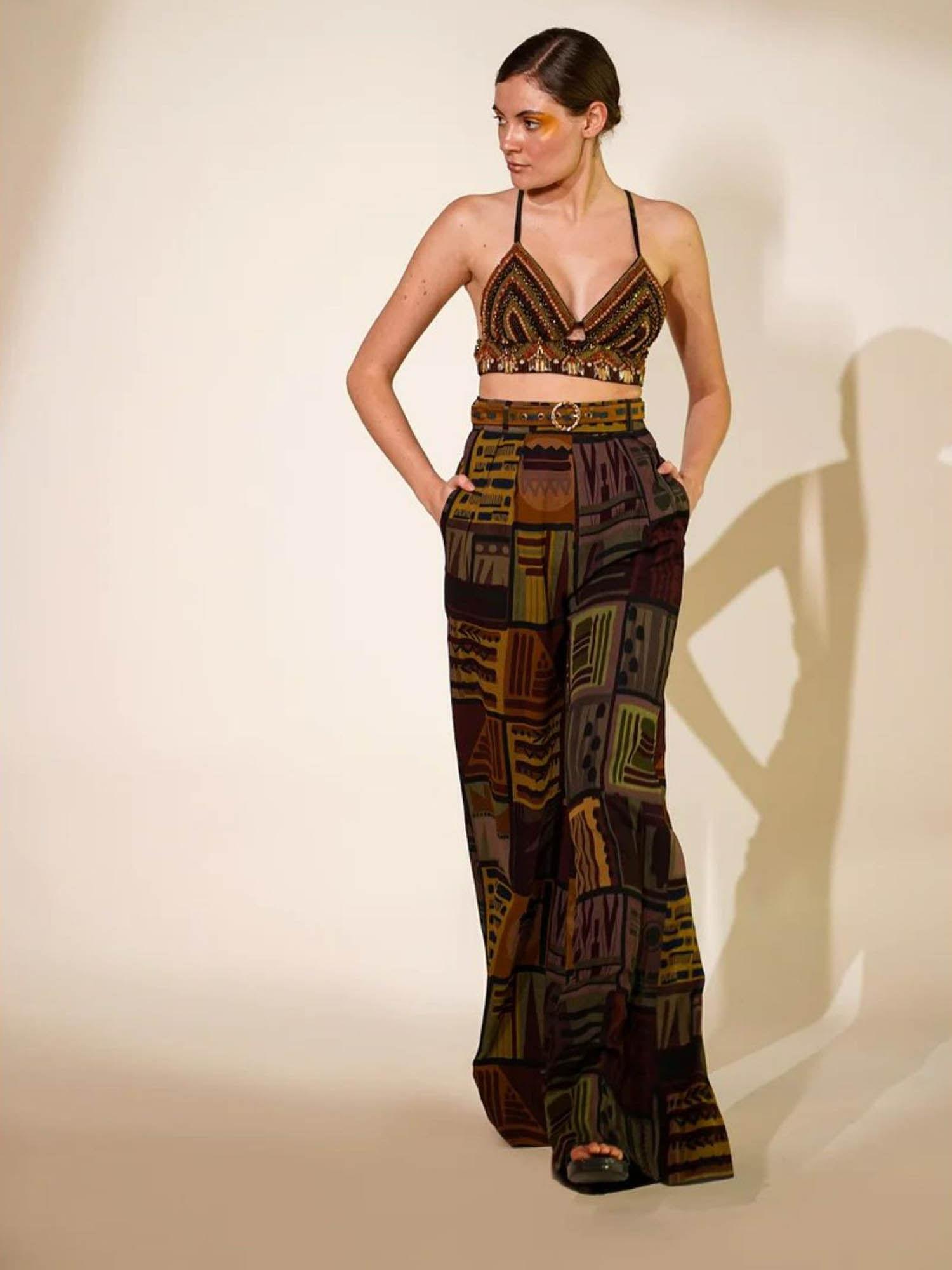 multicolour abstract print pant with belt (set of 2)