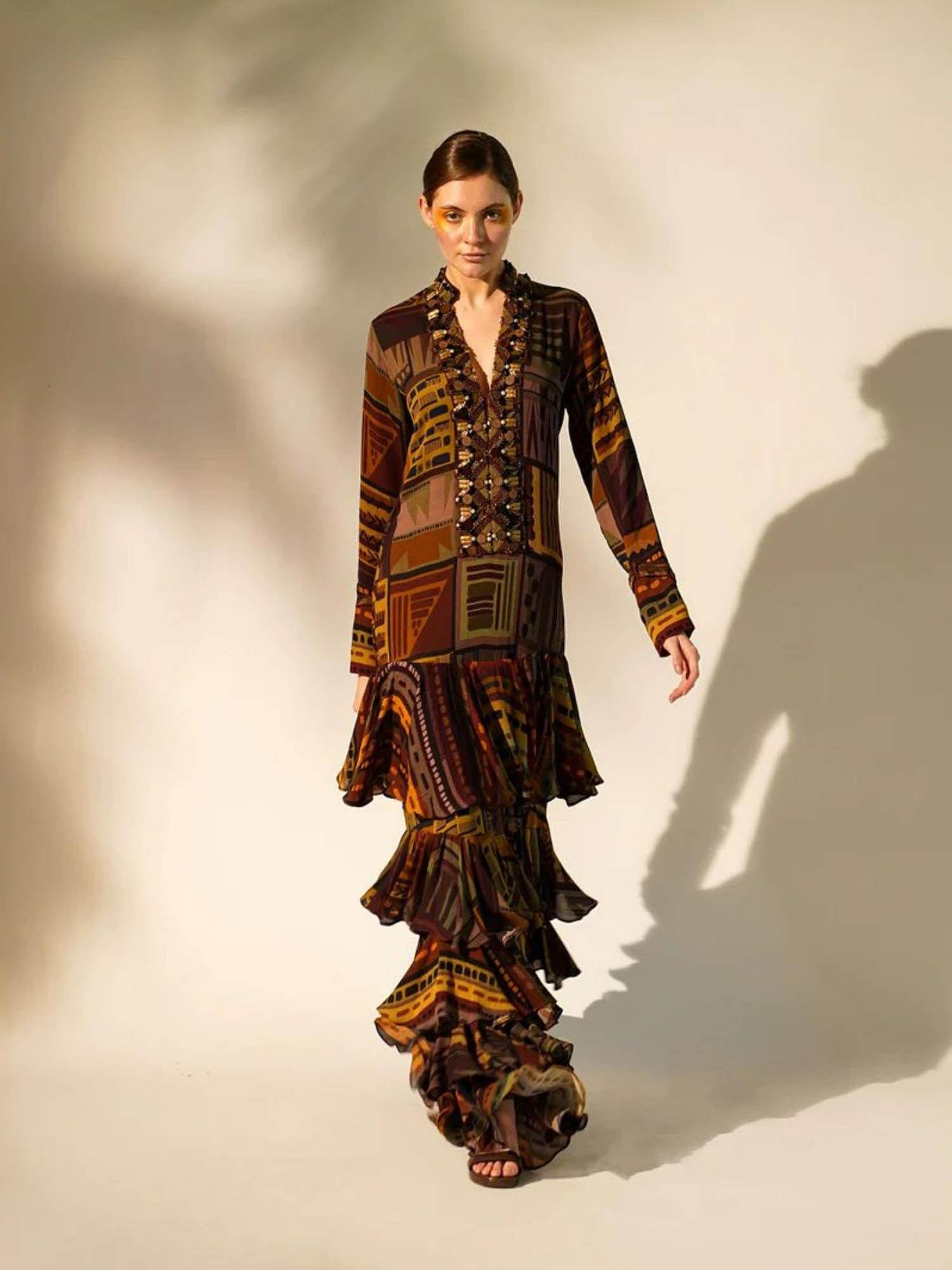 multicolour abstract print tiered maxi with hand baroque in metallic