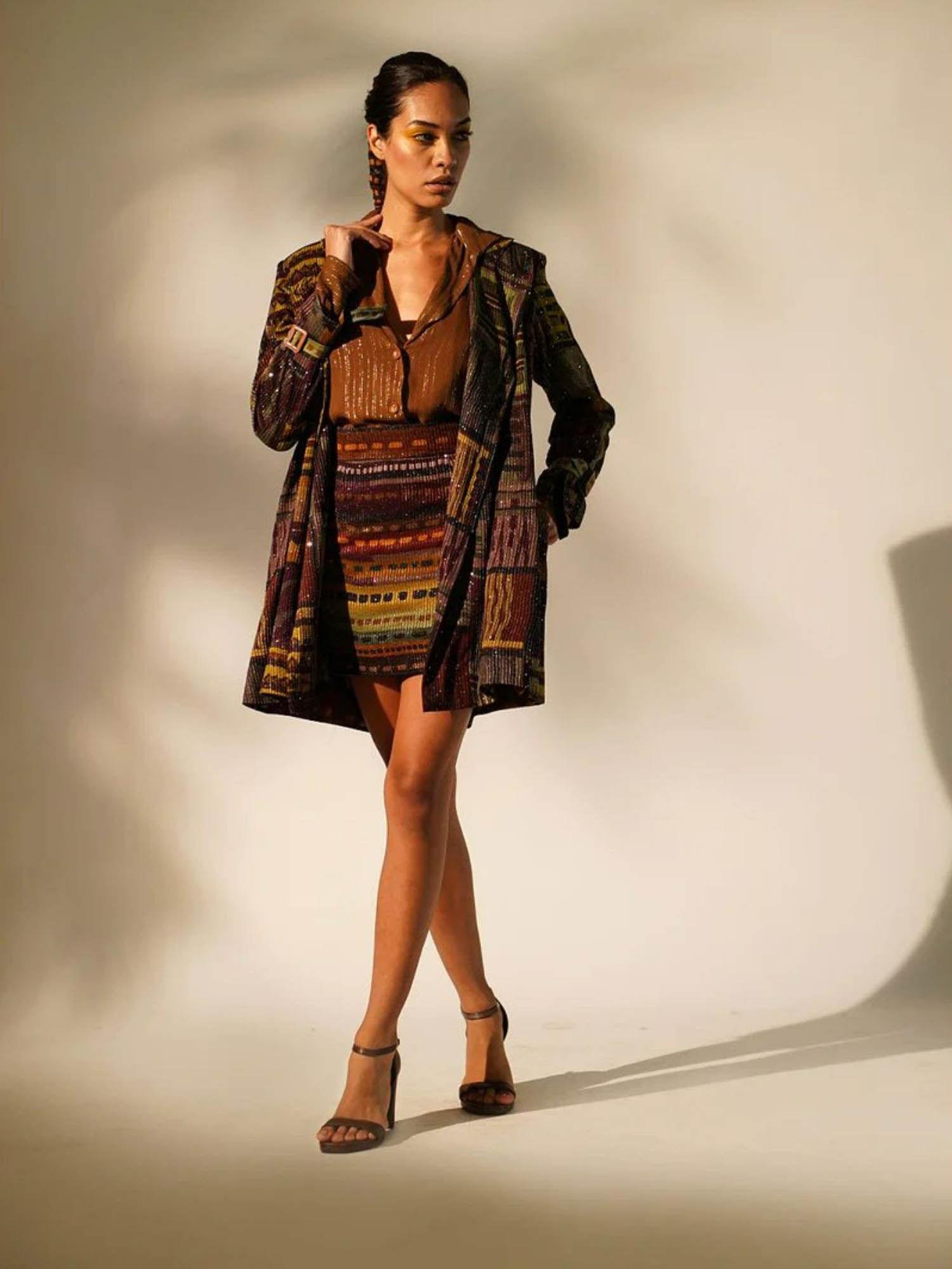 multicolour abstract print trench coat